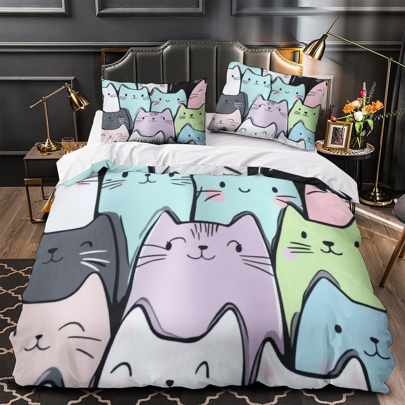 Housse de couette chat mignon en microfibre 135x200 cm avec taie d'oreiller pour lit simple