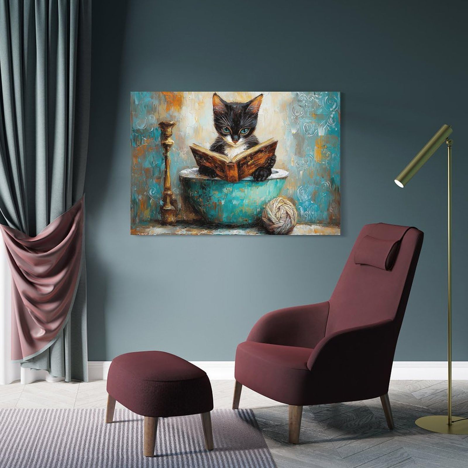 Junmoney Frame-Style-6-2 Kitten Reading A Book In A Bowl Canvas Wall Decor 12X18inch(30X45cm), For Workspace Walls, Study Corners Or Bedrooms, Decorative Artwork For Productive Spaces