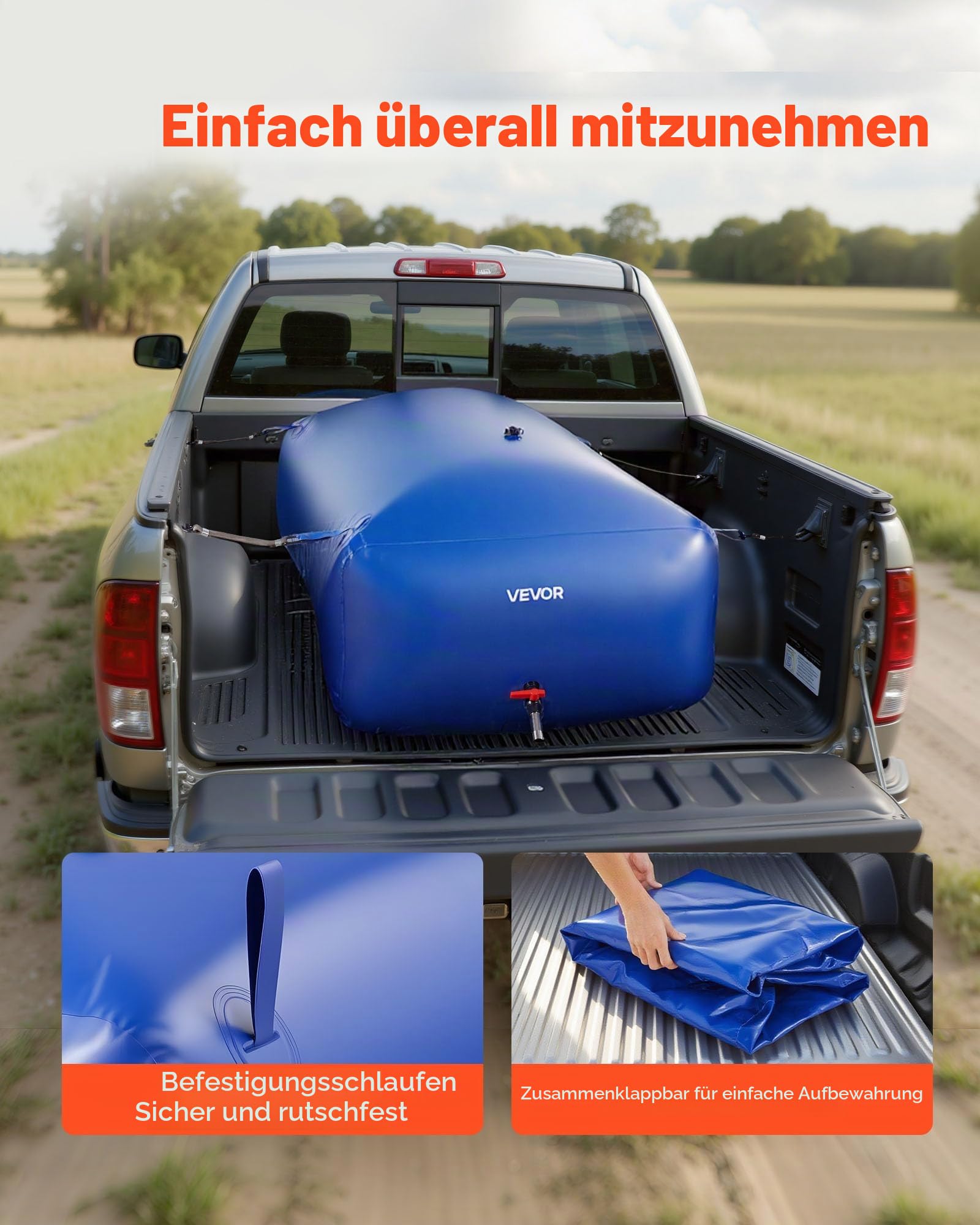 VEVOR Wasserspeicherblase, 1000 L PVC-Weichwasserbeutel, Wasserspeicherbehälter, auslaufsicherer & verschleißfester Wassertank für die Outdoor-Bewässerung von Wohnmobil, Camping, Notfall