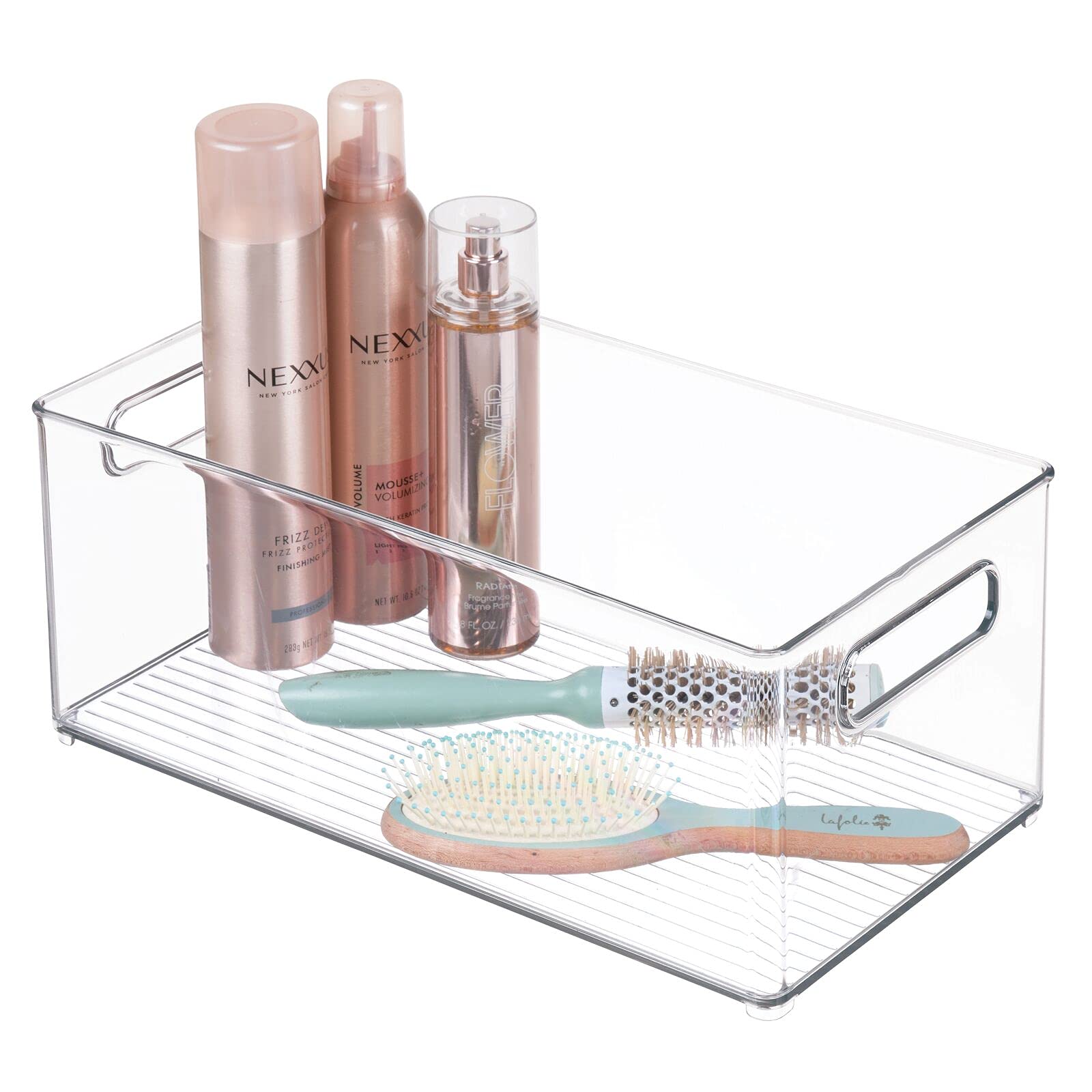 mDesign Juego de 2 cajas de plástico con asas – Organizador transparente con diseño atractivo – Cajas organizadoras para accesorios de baño, cosméticos y otros utensilios – transparente