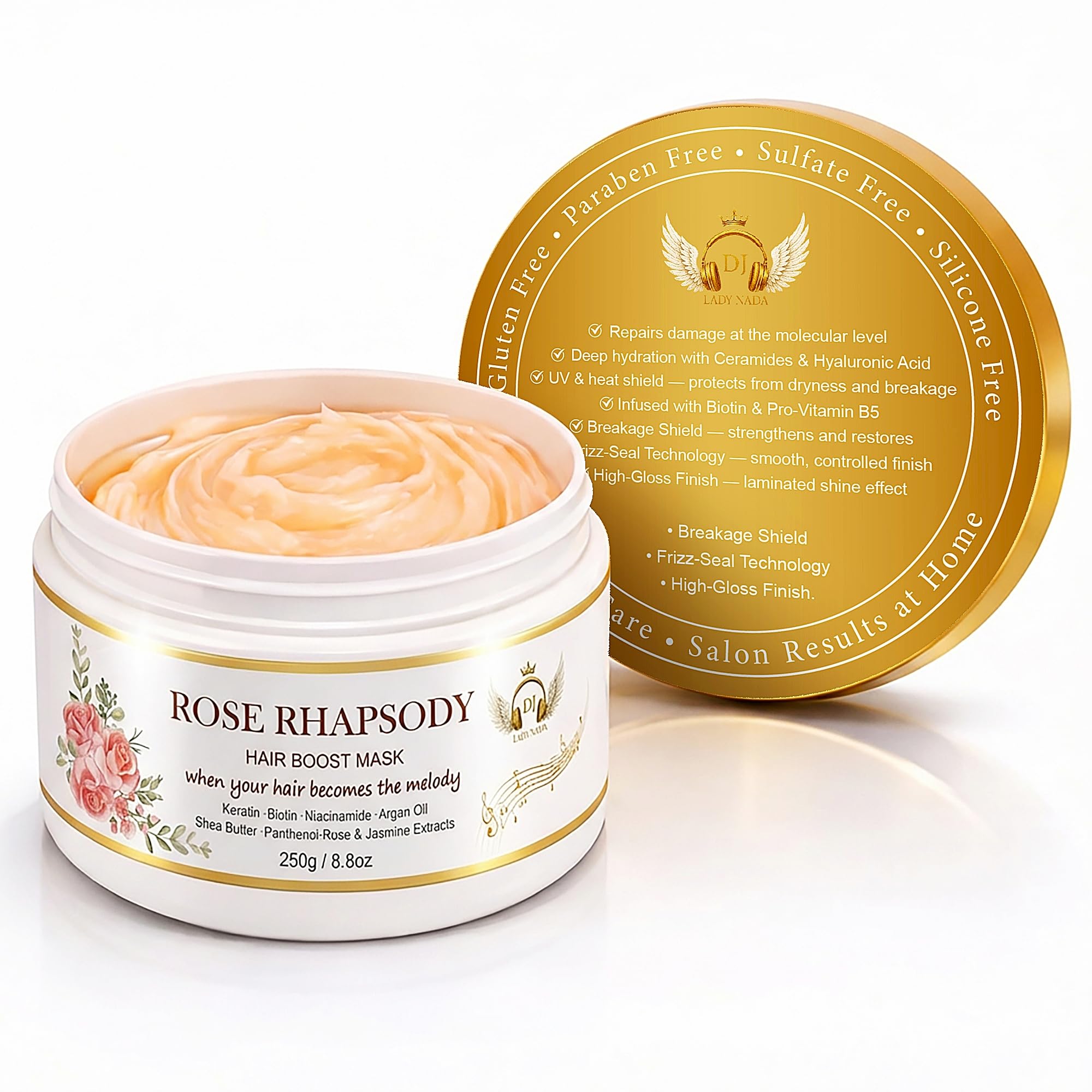 DJ LADY NADA Rose Rhapsody Hair Mask for Dry & Damaged Hair – Deep Repair After 1 Use – Hydrolyzed Keratin System, Biotin, Argan Oil – Frizz Control – Sulfate Free – 8.8 oz