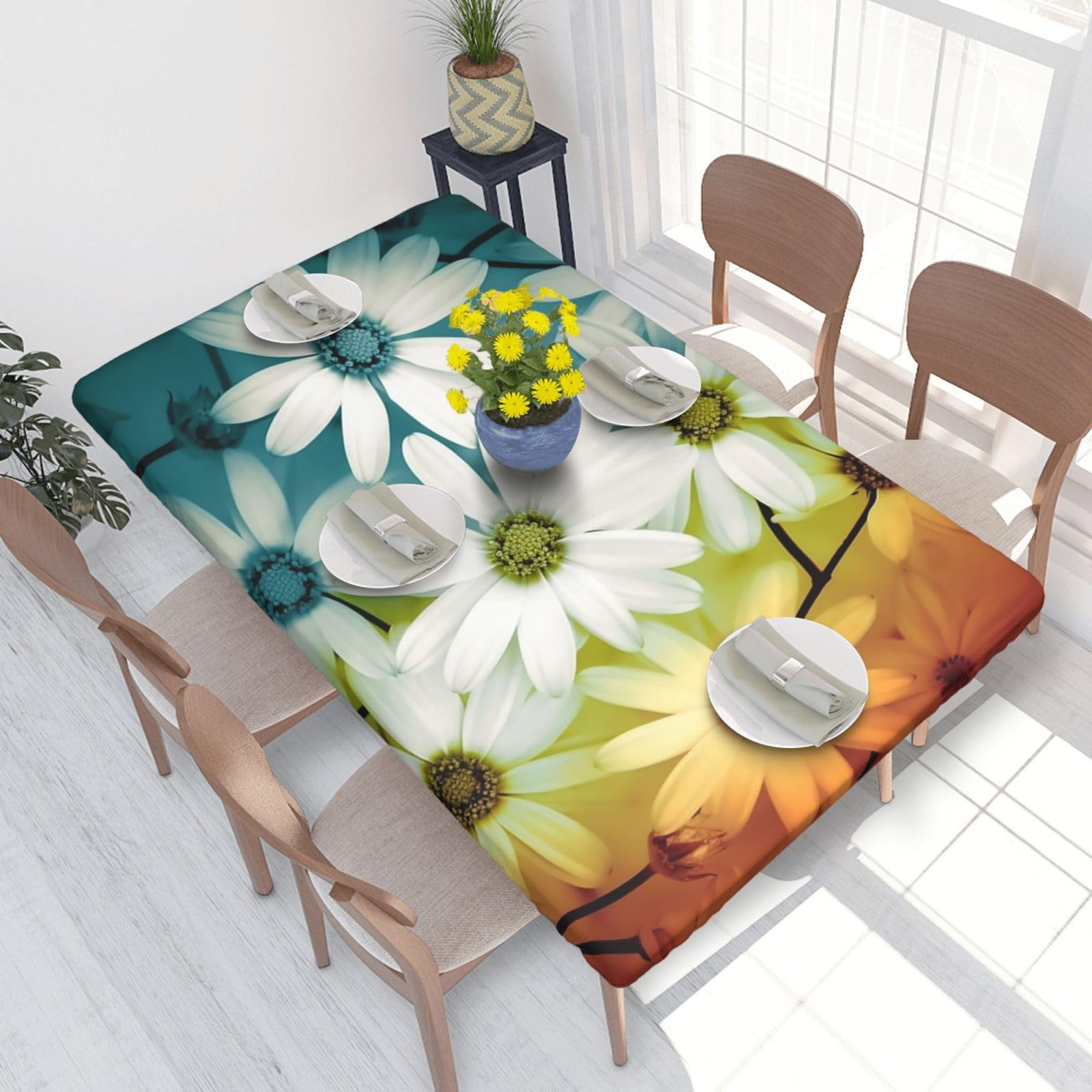 Daisy Flowers In Different Featured Framed Waterproof Square Table Cover Elastic Fitted Tablecloth Oil Proof Table Protector For 4ft Table