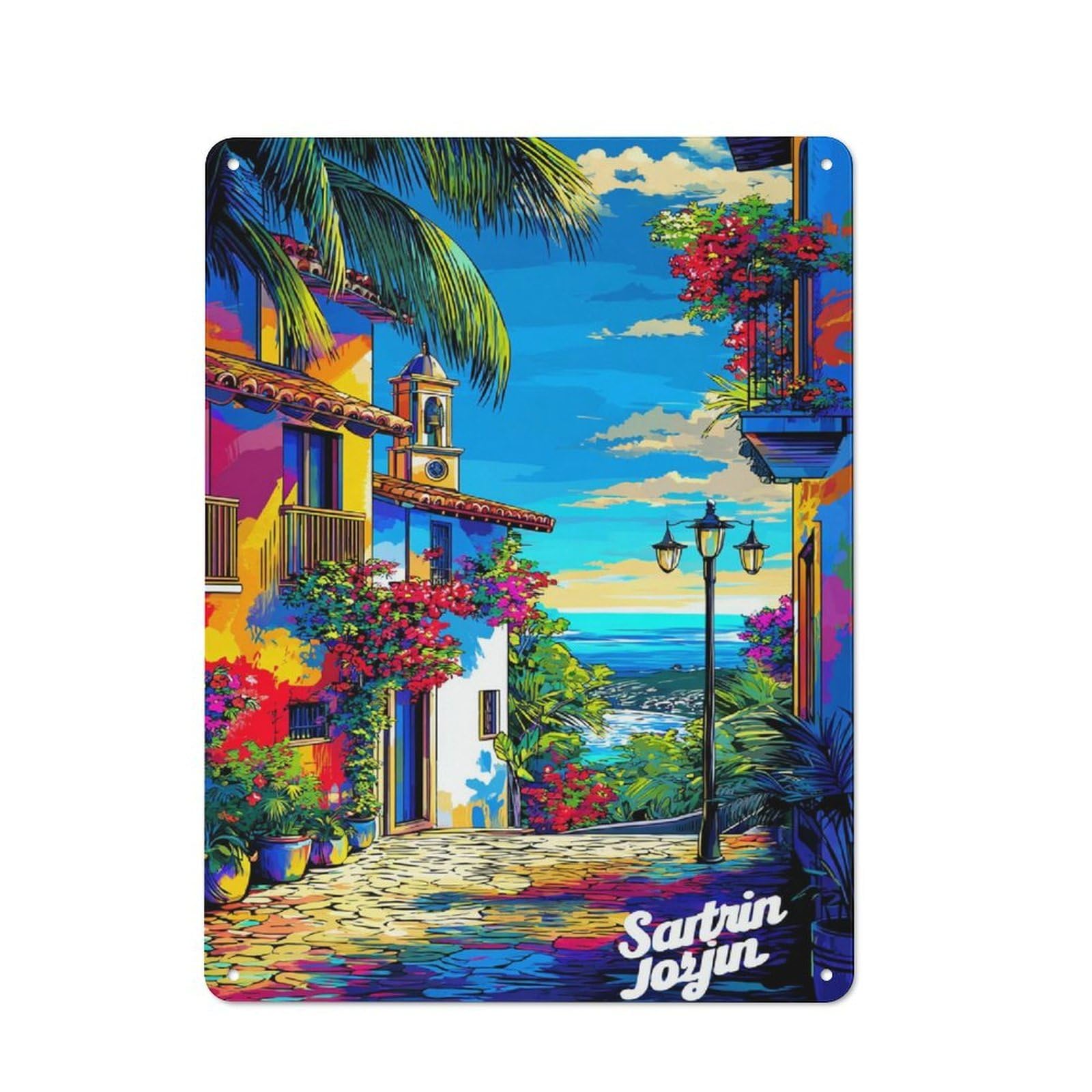 Junmoney Colorful Coastal Village Scene -2 Metal Wall Plaque With Design 40X30cm, Old Fashioned Vintage Wall Decor For Living Room, Hallway, Kitchen Or Cafe