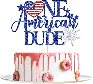 One American Dude Cake Topper, Patriotic Theme First Birthday Decorations, Independence Day Memorial Day Fourth of July Party Decorations Glitter