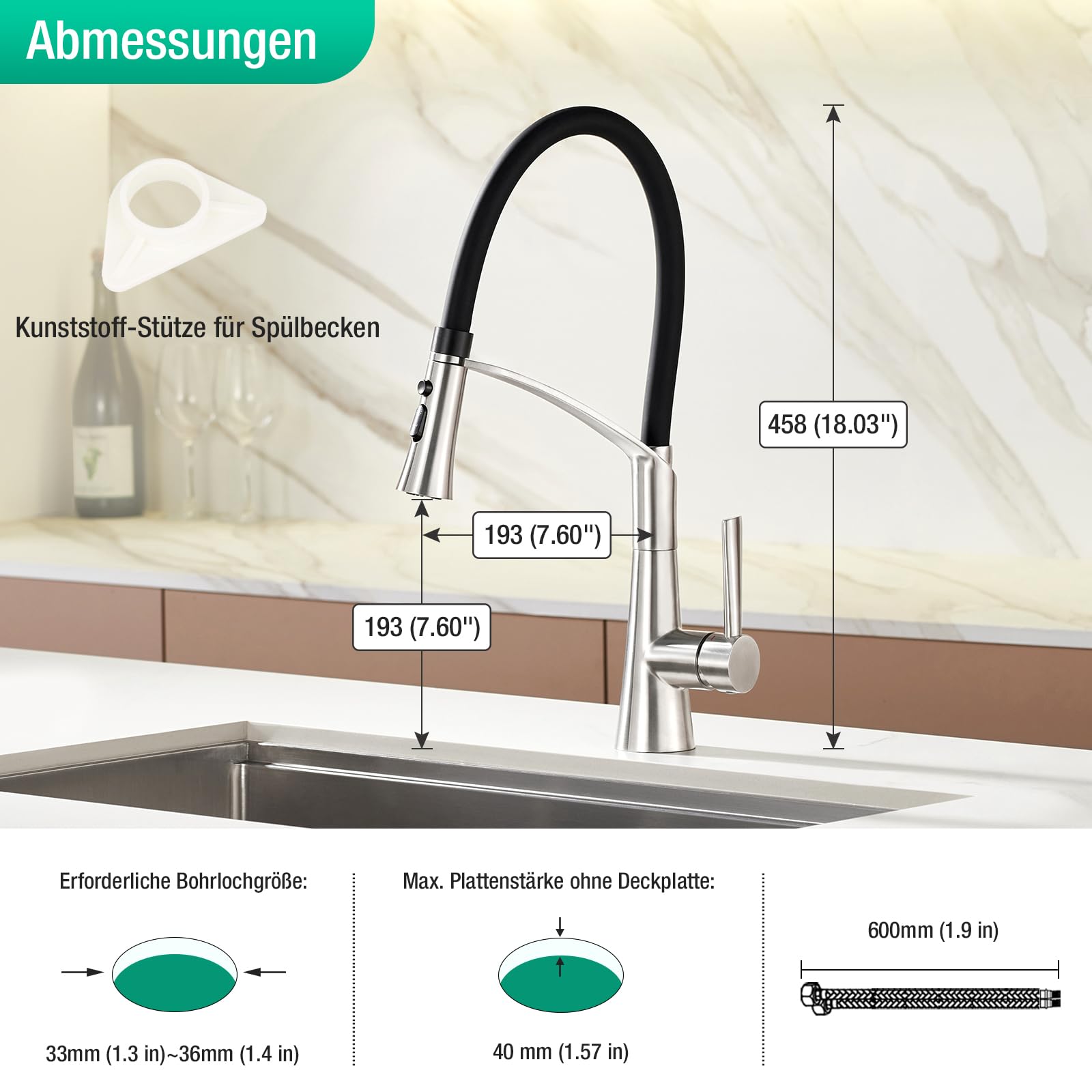 CREA Wasserhahn Küche mit 3 Funktionen Brause,Mit Herunterziehbare Brause | Küchenarmatur mit Brause Ausziehbar, 360° Drehbare Mischbatterie Schwarz, Spültischarmatur mit Praktischer Bürste, Edelstahl
