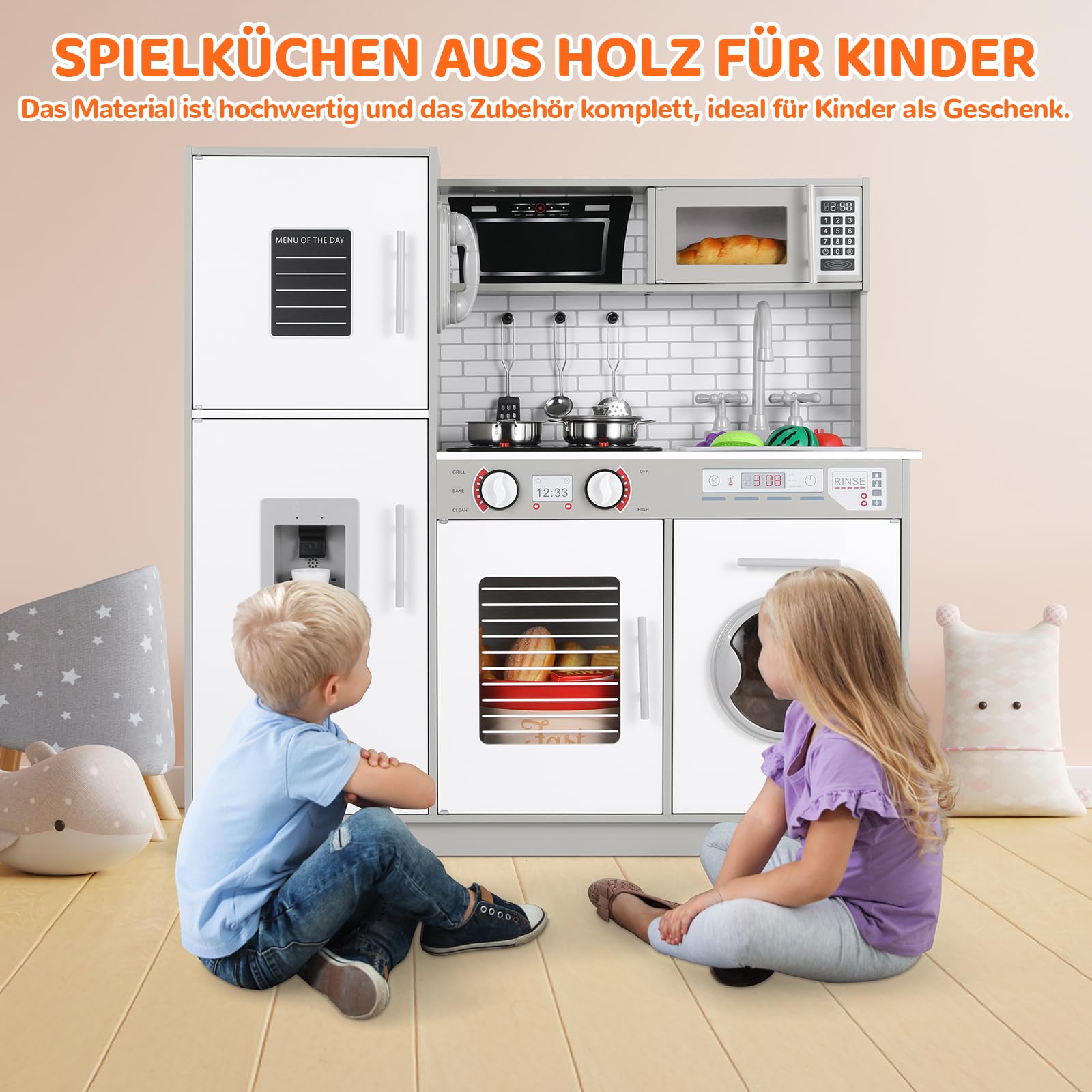 MAMIZO Kinderküche Holz, Spielküchen aus Holz für Kinder, Spielzeugküche mit Licht und Sound, 82x80x25 cm Puppenküche Holz, mit Spielküche Zubehör, Spielzeug für Kinder ab 3 Jahren, Grau-Weiß