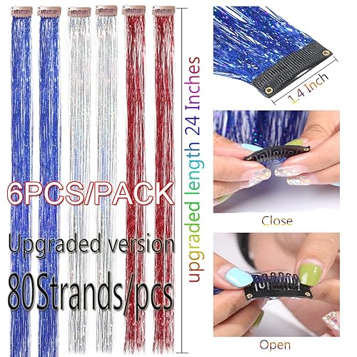 Miniatura 2 de Kit de oropel de cabello con clip de color azul, plateado, rojo, hebras de cabello resistentes al calor, fácil de usar, muy lindo para niñas,