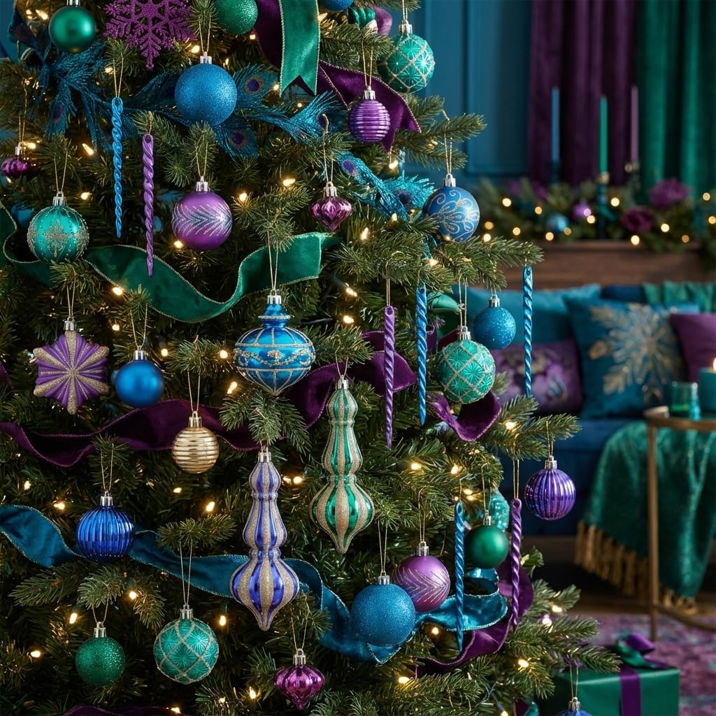Valery Madelyn Lot de 120 Boules de Noël incassables à Suspendre pour Sapin de Noël, Bleu Paon, Violet, Vert