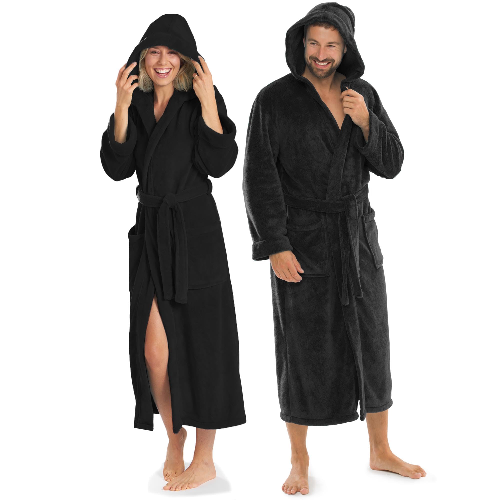 aqua-textil XS-XXXL Bademantel Kapuze Uni lang aufgesetzte Taschen Damen Herren Unisex Mikrofaser Kuschelfleece OEKO-TEX