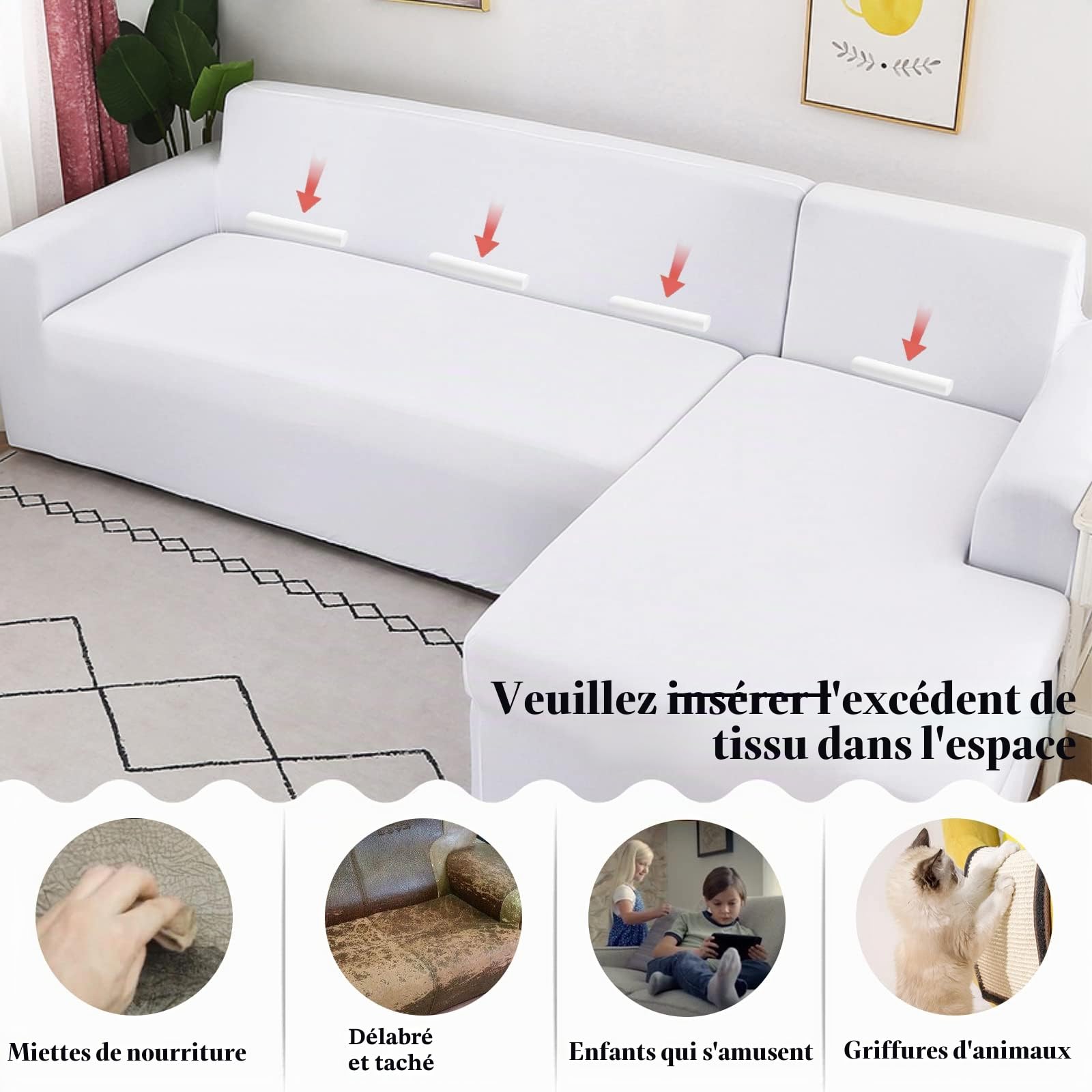 Jaotto Housse de Canapé d'angle Extensible 2 Pieces, Housse de Canapé Élastique en Forme de L, Revêtement de Canapé Universel Lavable, Couverture pour Canapé(2 Places+2 Places,Blanc)
