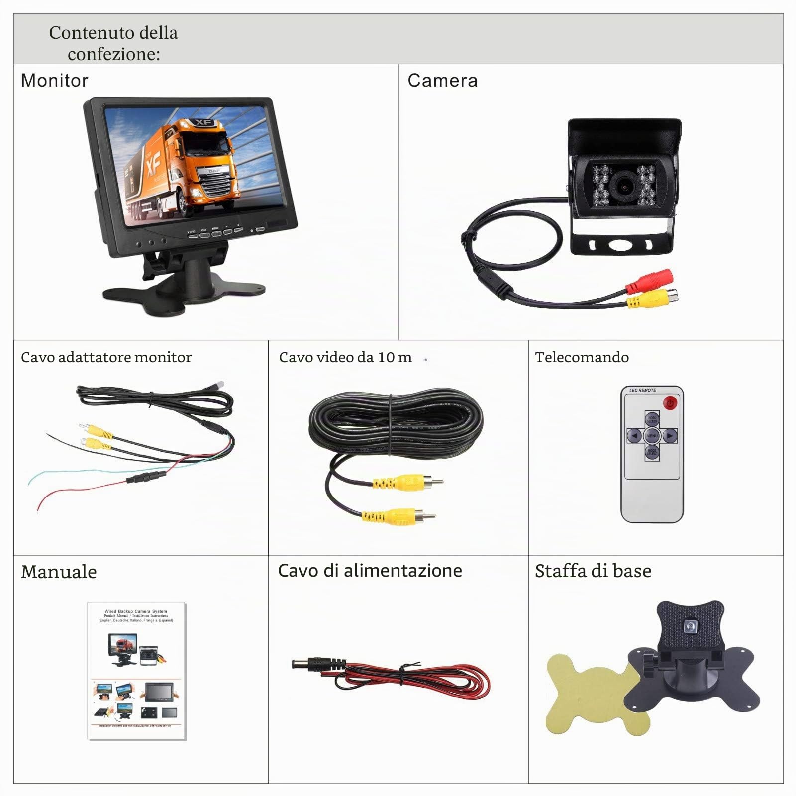 18LED IR Visione Notturna Telecamera 10M cavo +7"TFT LCD Monitor | Telecamera Retromarcia Auto，Impermeabile，7"TFT LCD Monitor，Camper，Camionr，Imorchi，Autobus