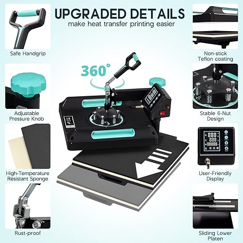 Miniatura 6 de Specraft Prensa de calor combinada 8 en 1, máquina de sublimación digital oscilante de 360 de 15 x 15 para camisetas, tazas, sombreros, platos,