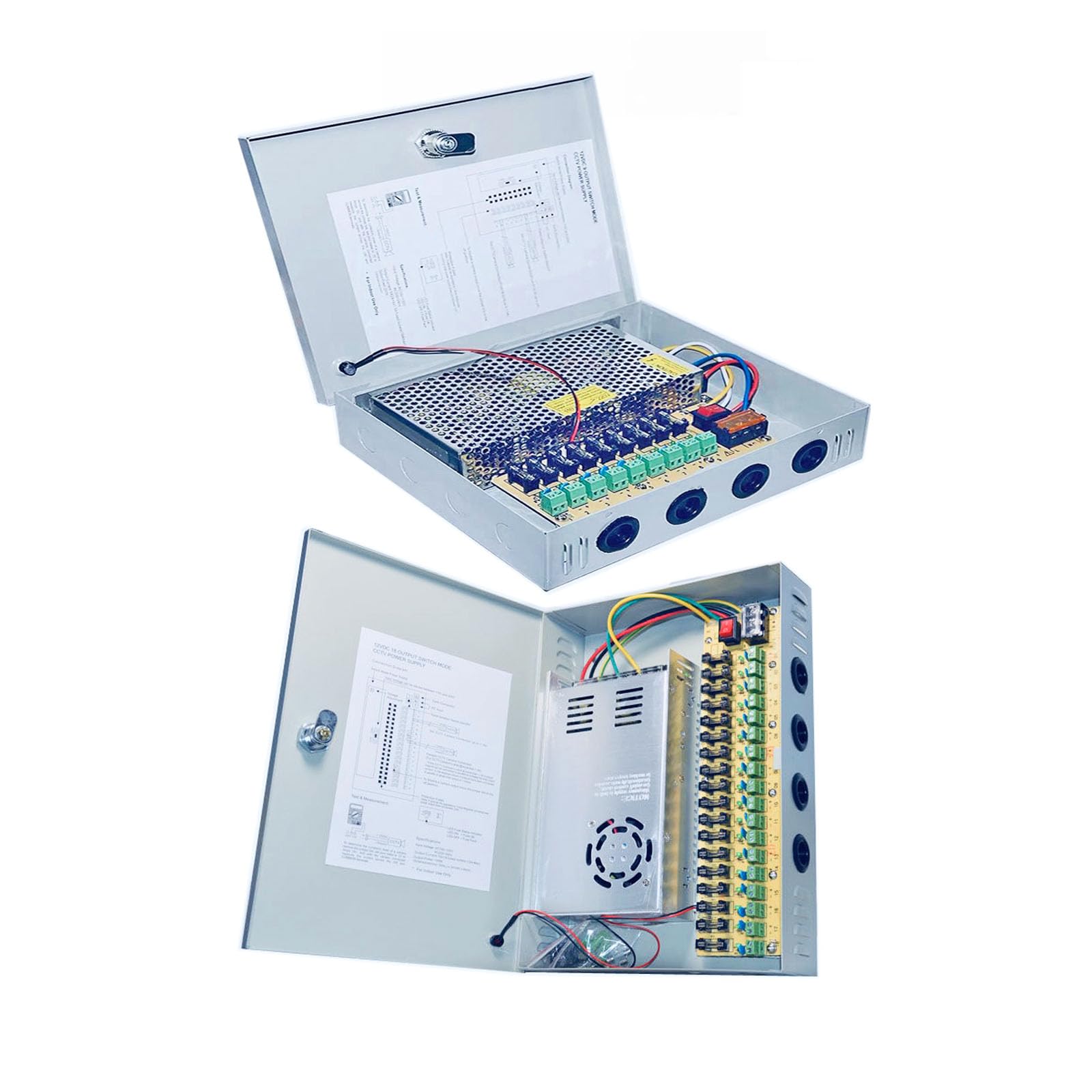 LOHODIZI 18 Channel/Port 30 AMPS, 15A 9CH,5A 9CH,12V DC Power Supply Box, Individually Fused for CCTV, LED, and All 12V DC Devices (18 Port-12V30A, AC200~245V, CCTV Power Supply Box)