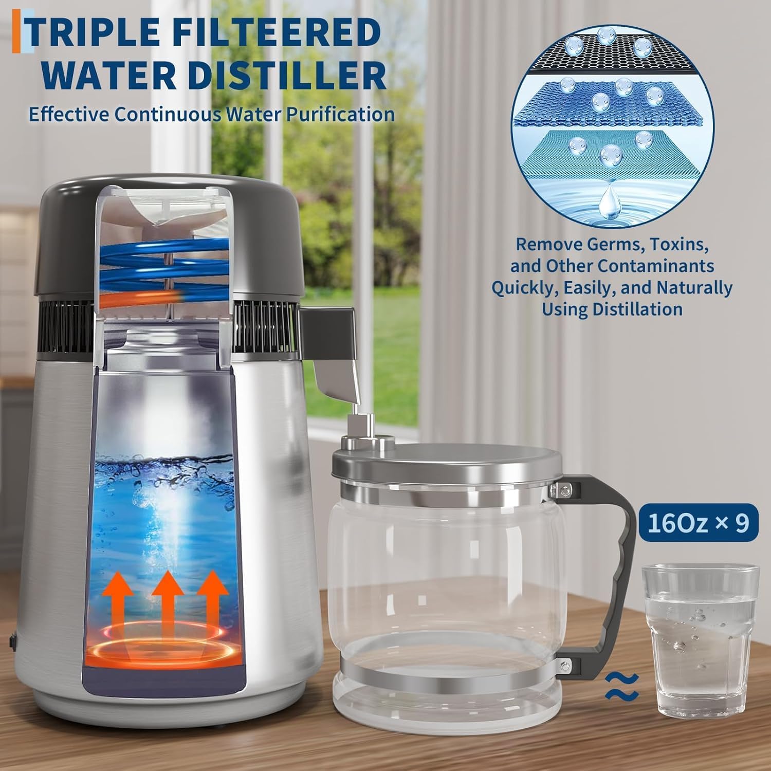 Garvee Destilador Agua 4L 750W/900W Acero Inox 304 | Garvee destilador 4L 750W/900W acero inox 304, triple filtro y apagado automático, 1L/h, jarra vidrio portá