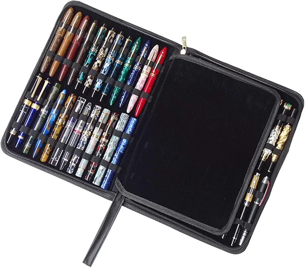 erofa 48 Fountain Pen Case PU Leather, Rollerball Pen Display Holder Bag, Pouch Large Capacity for your Collection - Black