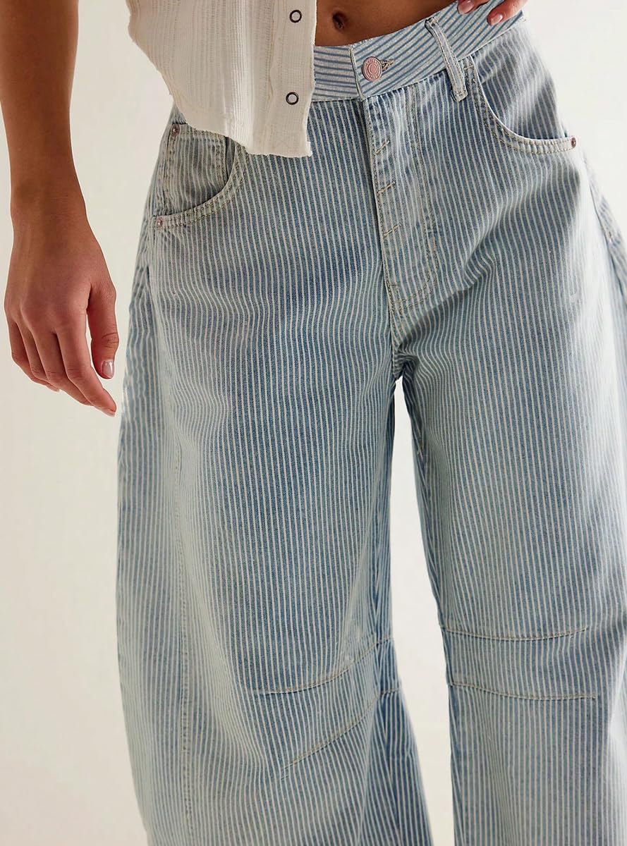 CHOUYATOU Women's Baggy Striped Barrel Jeans Wide Leg Y2K Mid Rise Patchwork Cropped Denim Ankle Pants
