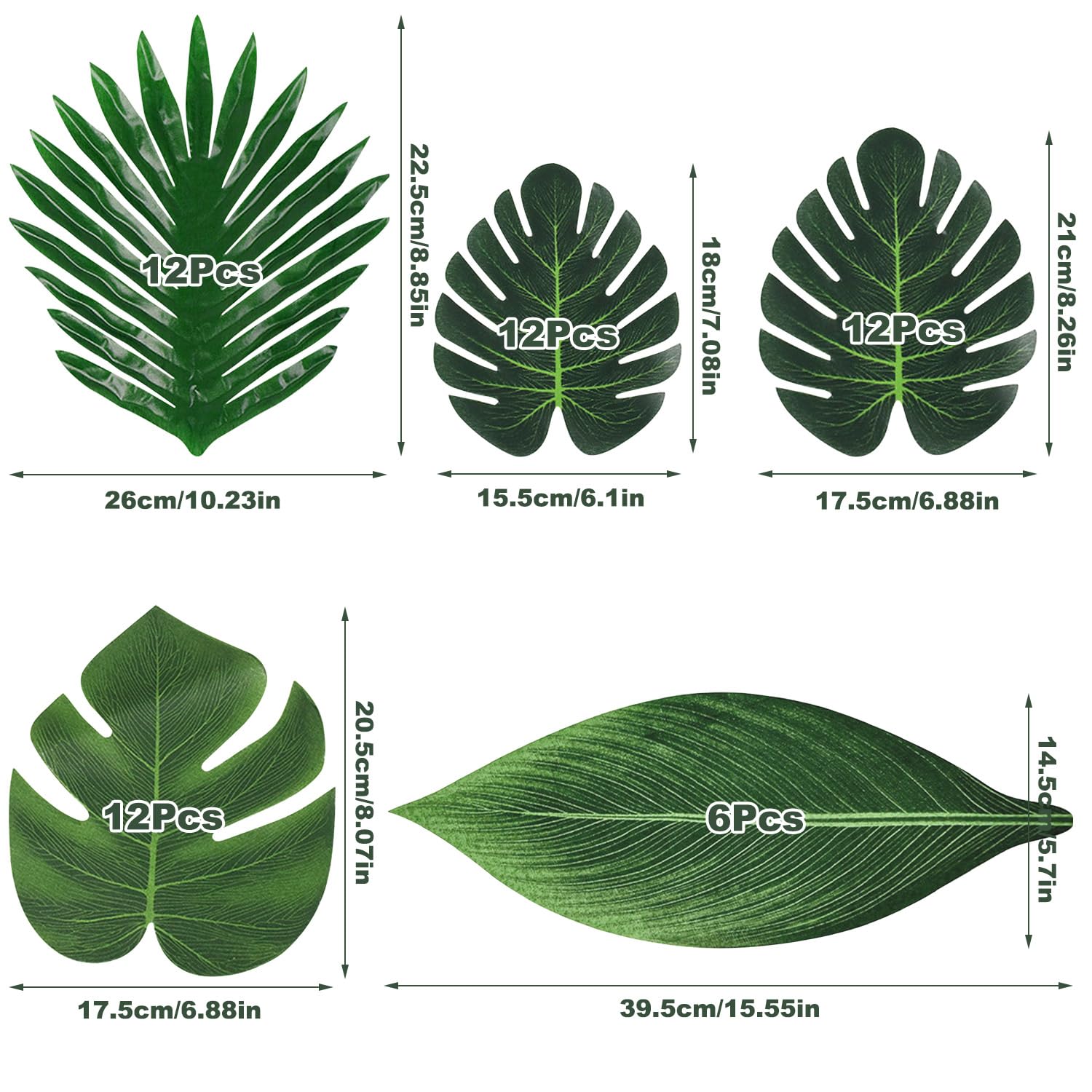 CATELL 50 Pezzi con 5 tipi Foglie Finte Per Decorazioni Foglie di Palma Artificiali Monstera Imitazione di Piante Tropicali per Pianta Hawaiana Luau Decorazione per Feste