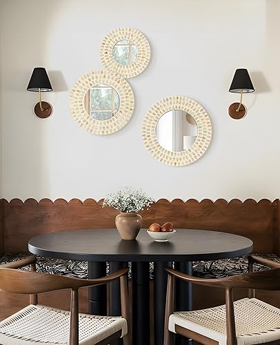 Miniatura 5 de Espejo bohemio para decoración de pared para sala de estar, 3 piezas de madreperla natural, espejo decorativo para casa rural rústica, esculturas