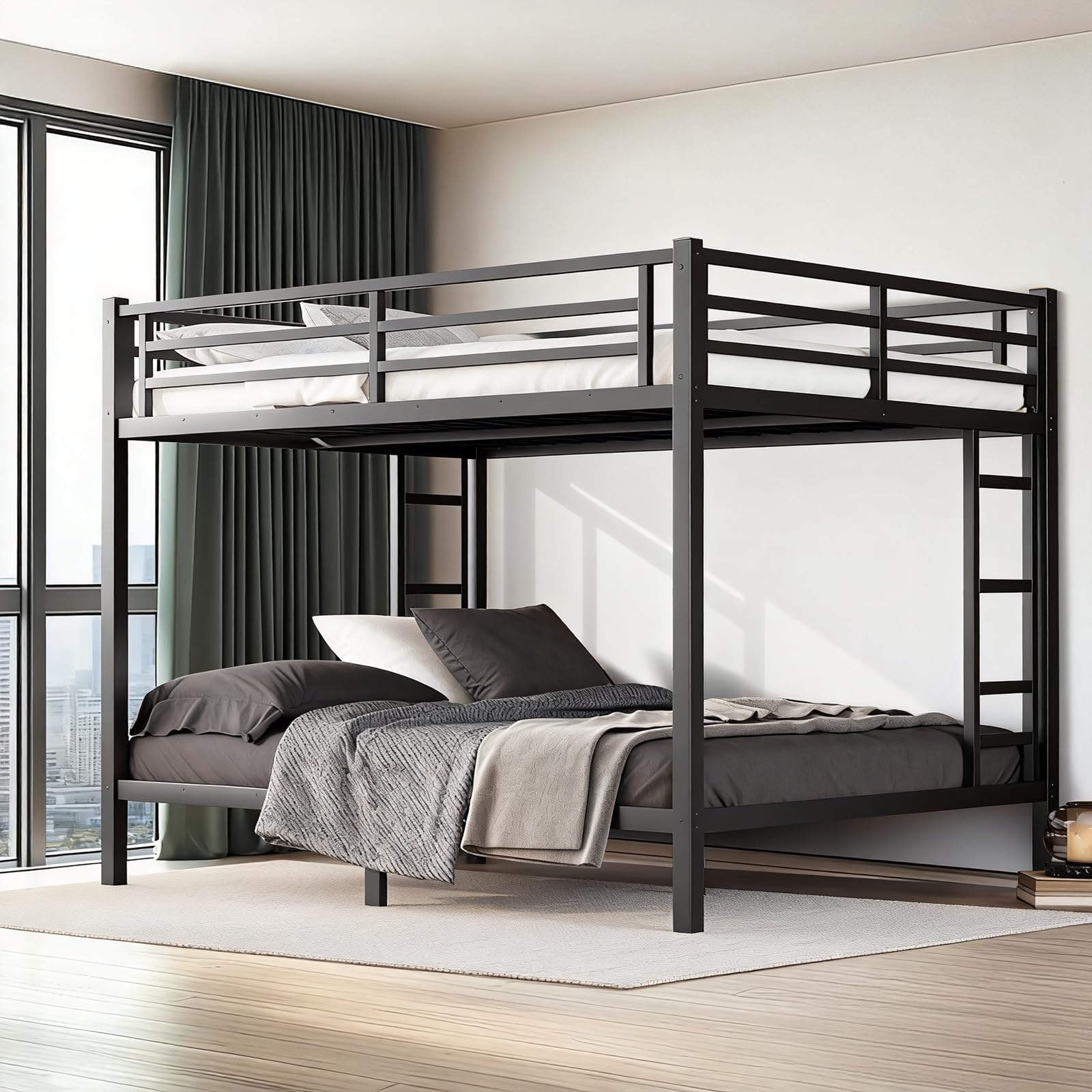 Queen Over Queen Bunk Bed Frame, Heavy Duty Metal Loft Bed for Adults/Teens, 400/600LB Capacity w/Ladder & Guardrail, Noise-Free Steel Slats, No Box Spring Required, Black