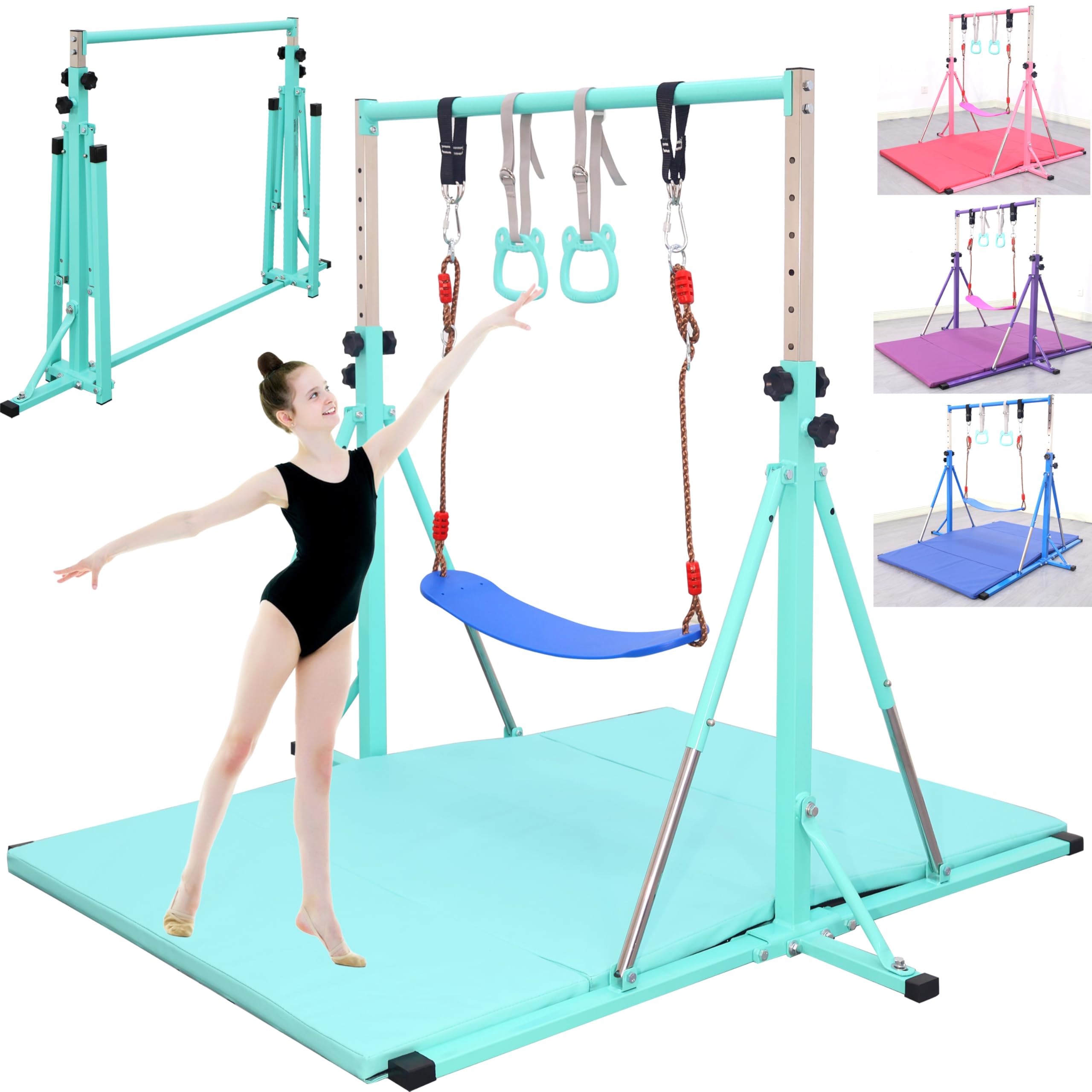 FC FUNCHEER FCfuncheer Foldable Gymnastics kip Bar,Adjustable from 3' to 5',3-12 Ages, Kids Girls Home Training bar with Rings & Swing,Stable Structure,Foldable in Seconds,Weight Capacity 250 LBS