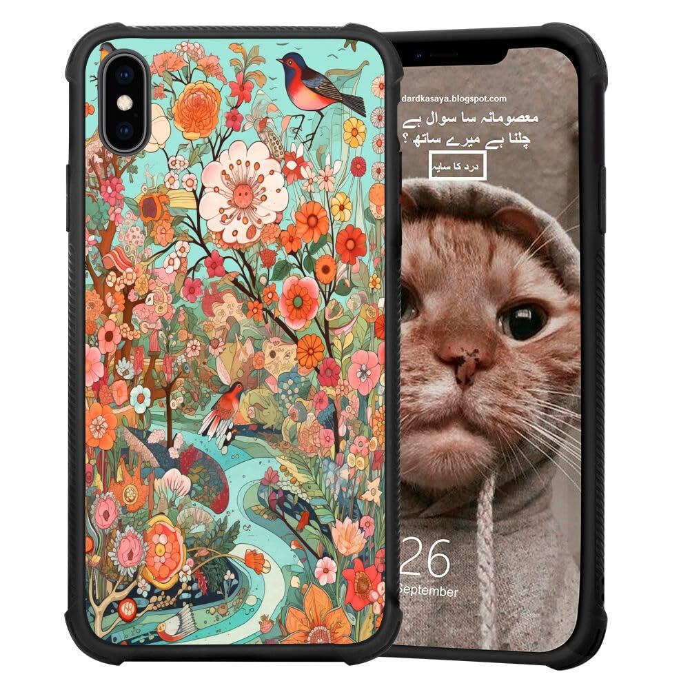 Case for iPhone X/Xs Peach Blossom Designer Art117, Black Four Corner Protected Anti-Scratch Shockproof Slim Rubber Frame Mobile Cellphone Smartphone Case