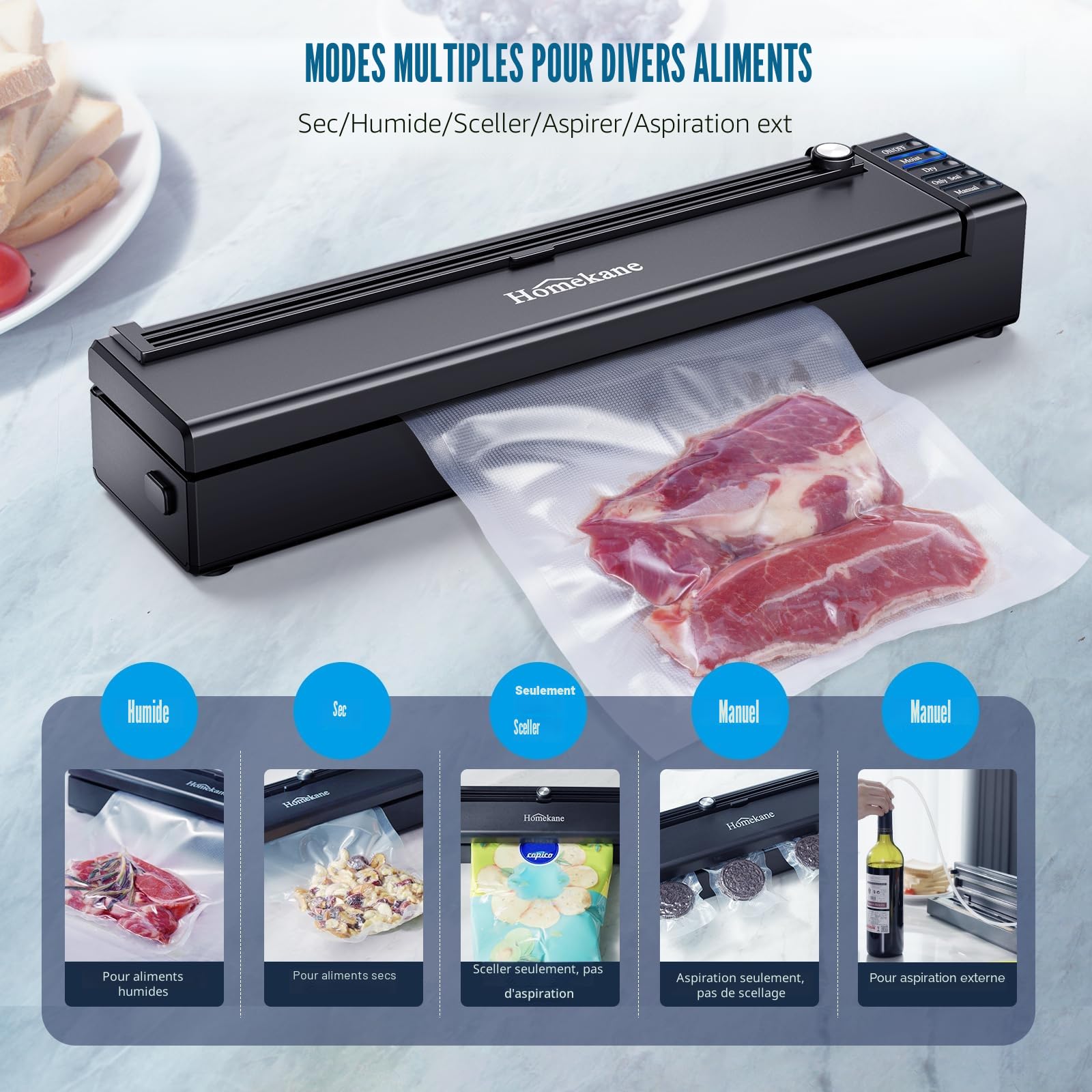 Machine Sous Vide Alimentaire 5 en 1, Machine Sous Vide pour Aliments Secs et Humides, Machine à vide Appareil avec Couteau de Coupe, Sacs Sous Vide et tuyau Inclus, HK020