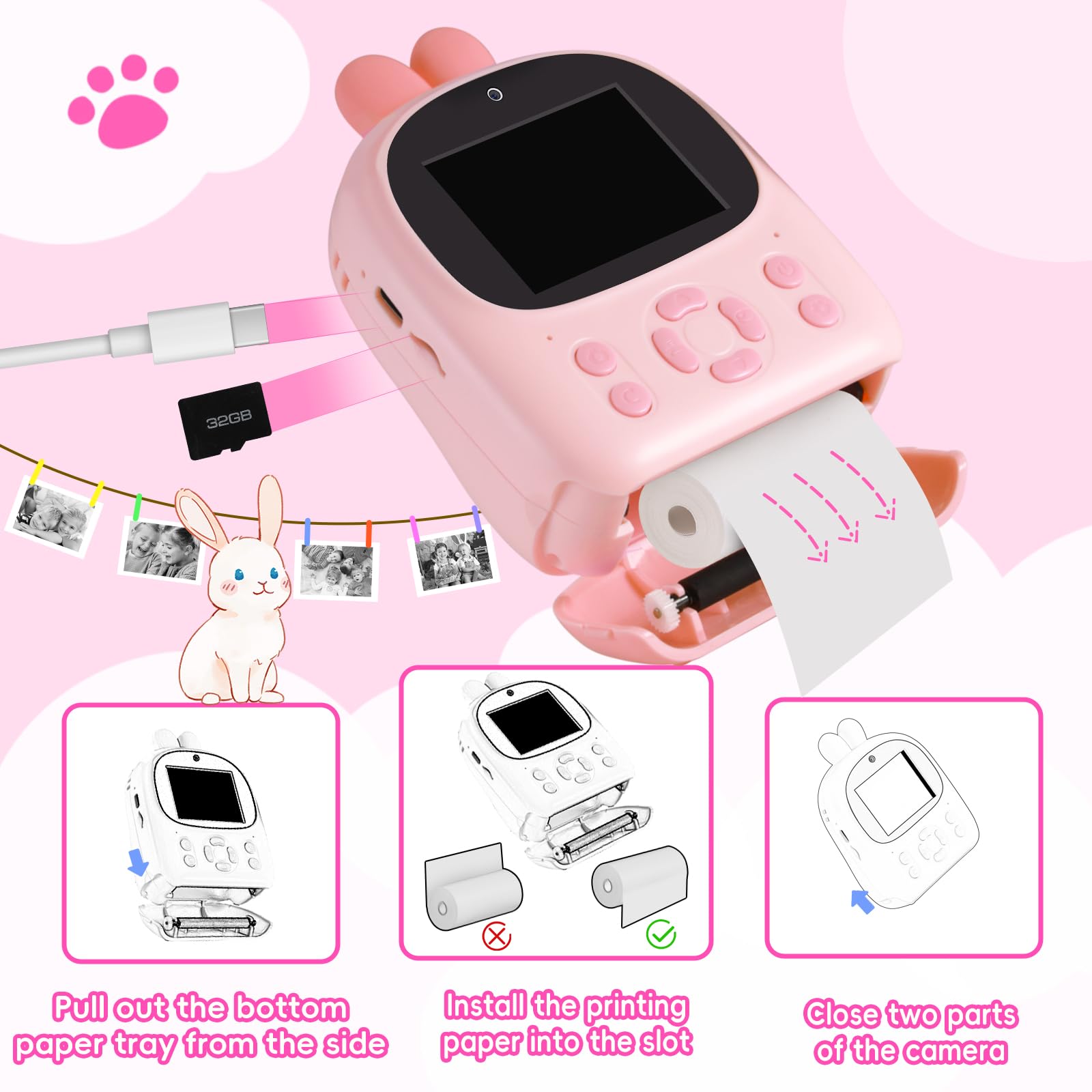 Appareil photo à impression instantanée pour enfants, caméras vidéo numériques HD 1080p avec papier d'impression 3 et carte de 32 Go, cadeau d'anniversaire pour filles et garçons âgés de 3 à 12 ans