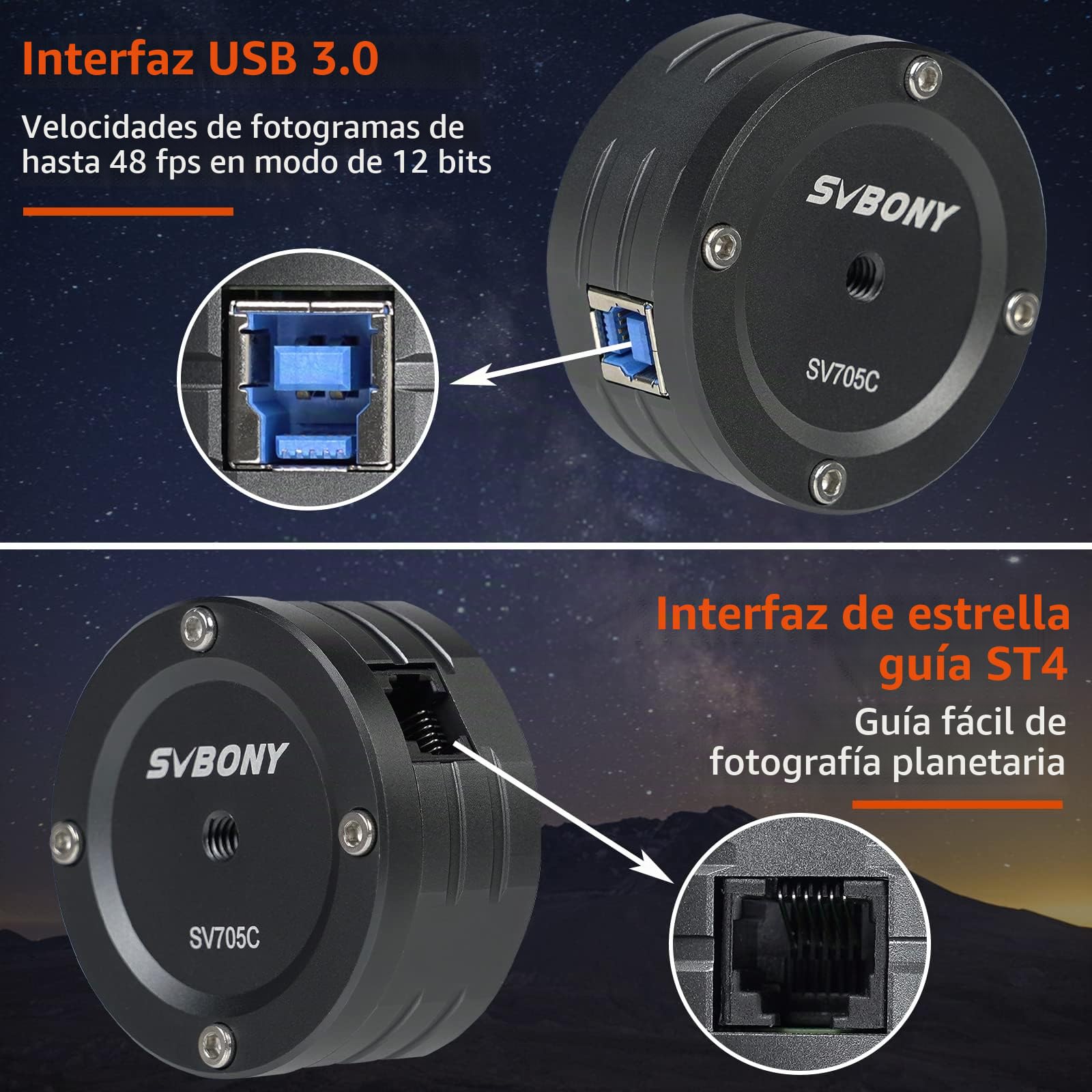 Svbony SV705C Oculares para Telescopios, Cámaras para Planetaria Color, USB3.0 ST4 Puerto de Guía Grande, Cámara de Fotografía de Cielo Profundo de Nivel Básico Planetario para Imágenes EAA