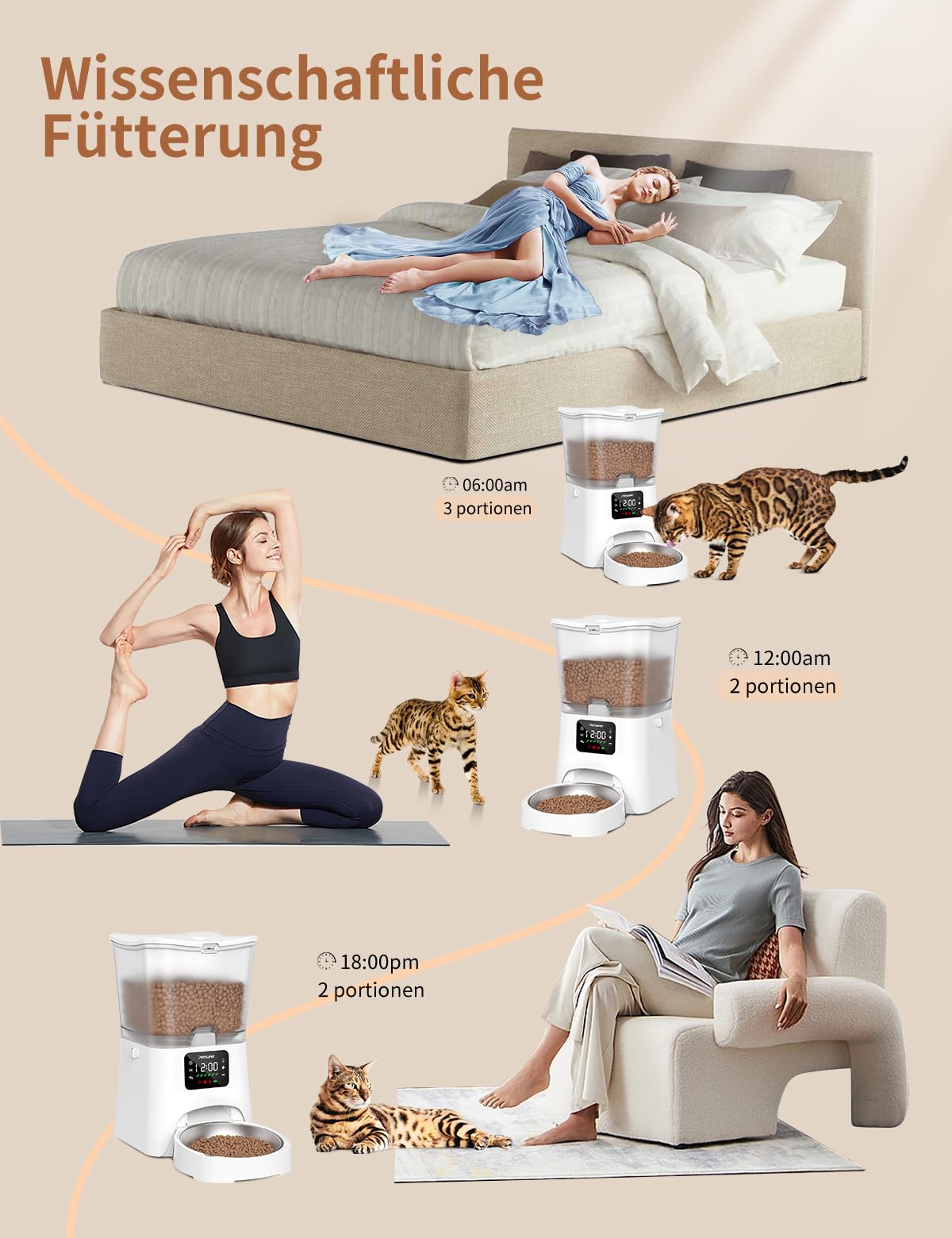 Futterautomat Katze,3L Katzenfutter Automat mit Programmierbarem Timer 1-6 Mahlzeiten pro Tag-Futterspender Hund mit Pressedeckel und 10s Aufnahmefunktion