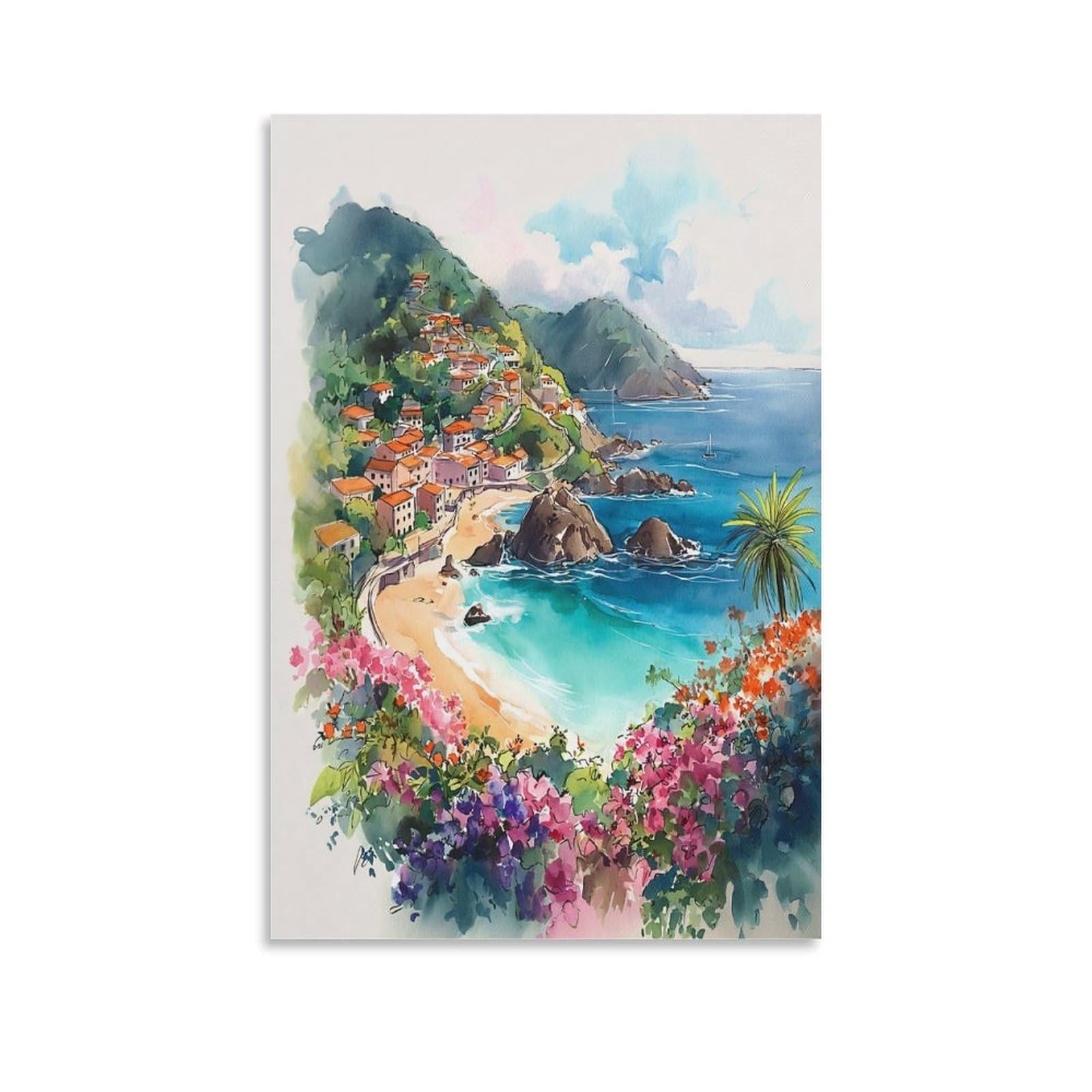 LCYNNH Grenada Watercolor Painting Caribbean Travel Art 08x12inch(20x30cm) Print Home Bedroom Office Living Room Decor Canvas