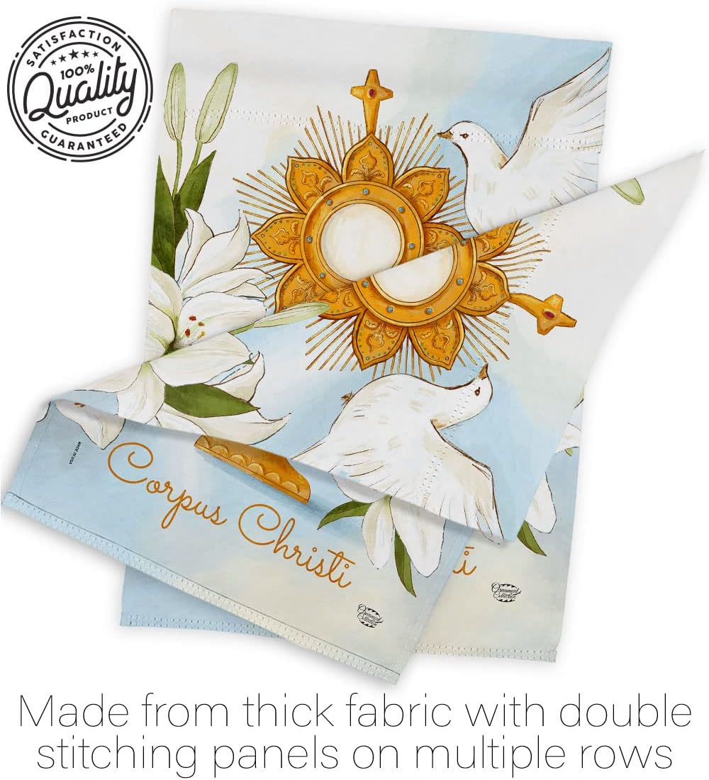 Corpus Christi House Flag Religious First Communion Gifts Cross Chalice Holy Eucharist Christian Religion Tradition Catholic Home Decoration Indoor Banner Small Garden Yard Lawn Porch Outdoor Wall Tapestry Made In USA