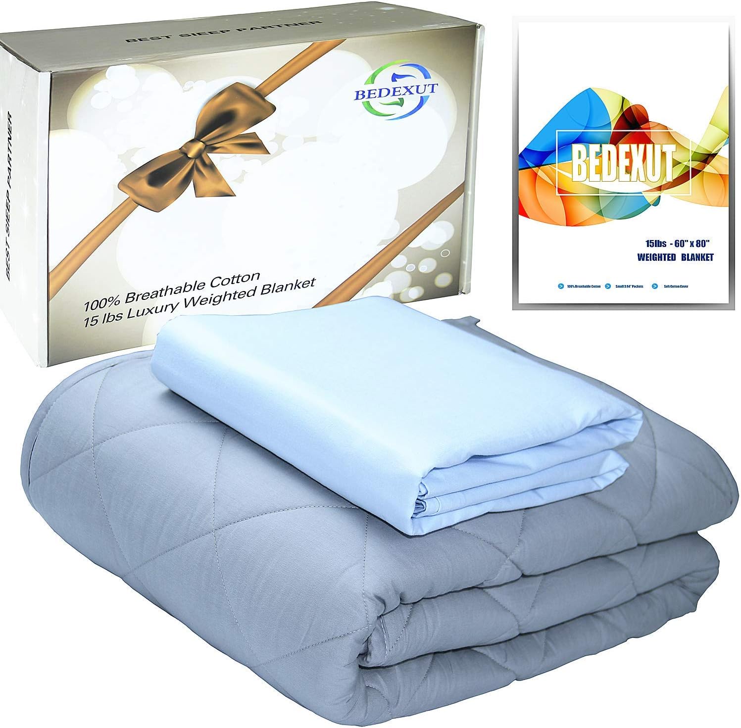 BEDEXUT Cooling Weighted Blanket 15 lbs Premium - Queen/Full Size 60x80 - Soft Organic Cotton Removable Cover - Best Adult Heavy Calm Blanket with Small Pocket for Women and Men (Sky Blue)
