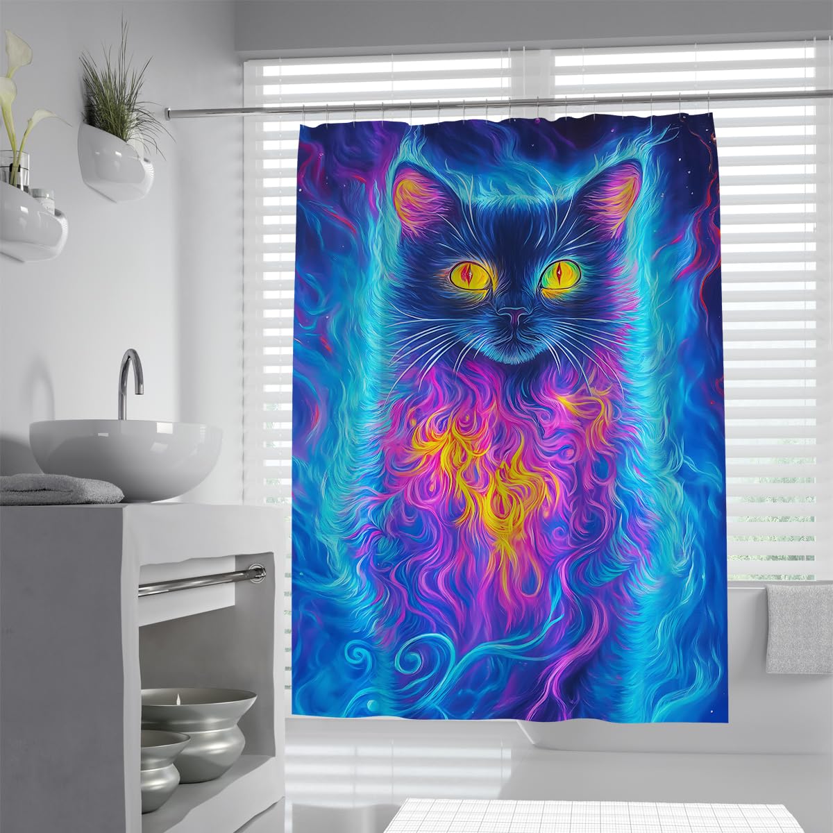 UERWOWELL Vibrant Kitten Illustration Shower Curtain Mystical Nebula Universe Animals Pattern Shower Curtain Waterproof Polyester Bath Curtains Washable W200xL200 cm