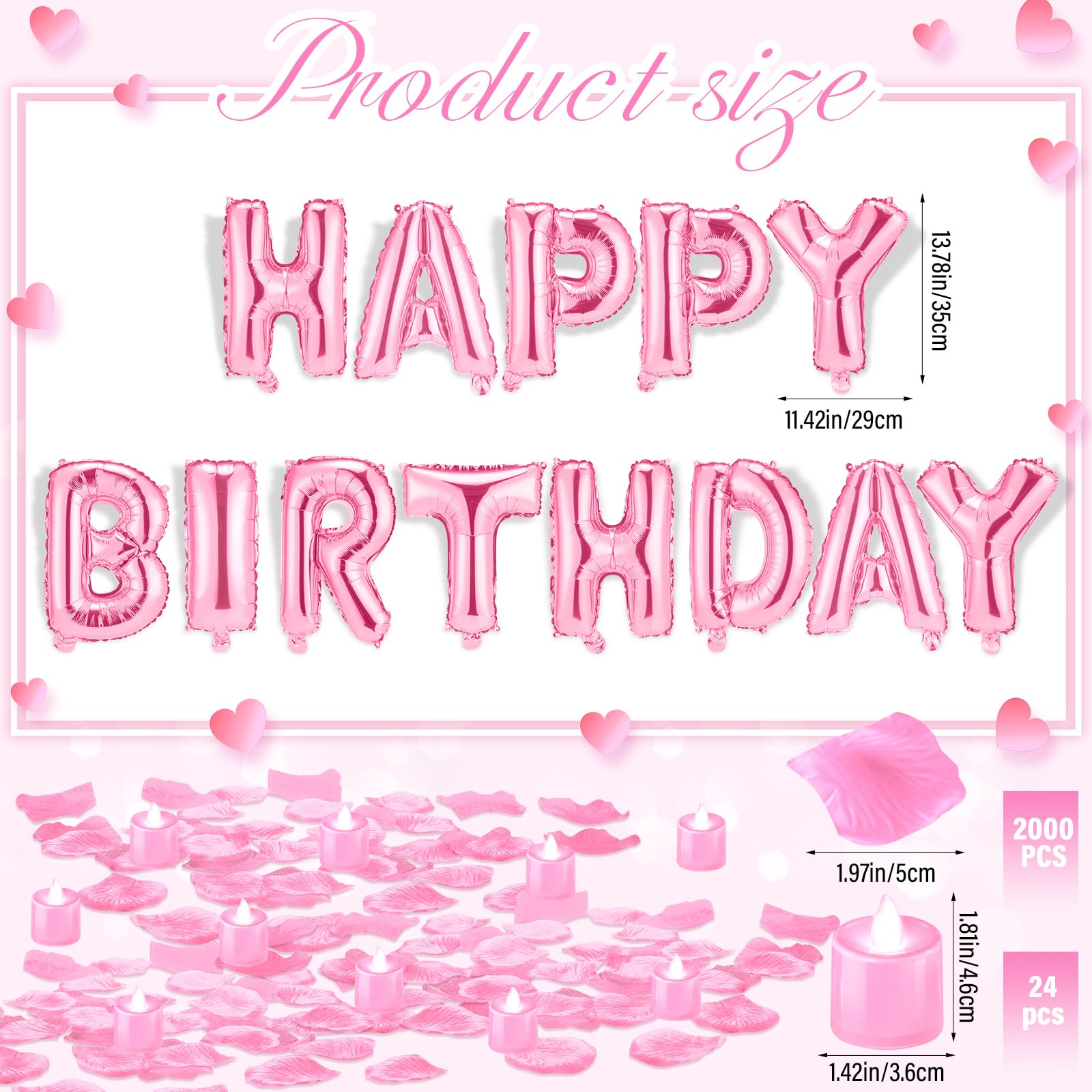 Juego de pancarta de globos de feliz cumpleaños rosa claro de 16 pulgadas con 24 luces LED y 2000 pétalos de rosa rosa para niños y adultos, decoraciones de cumpleaños, suministros de fiesta