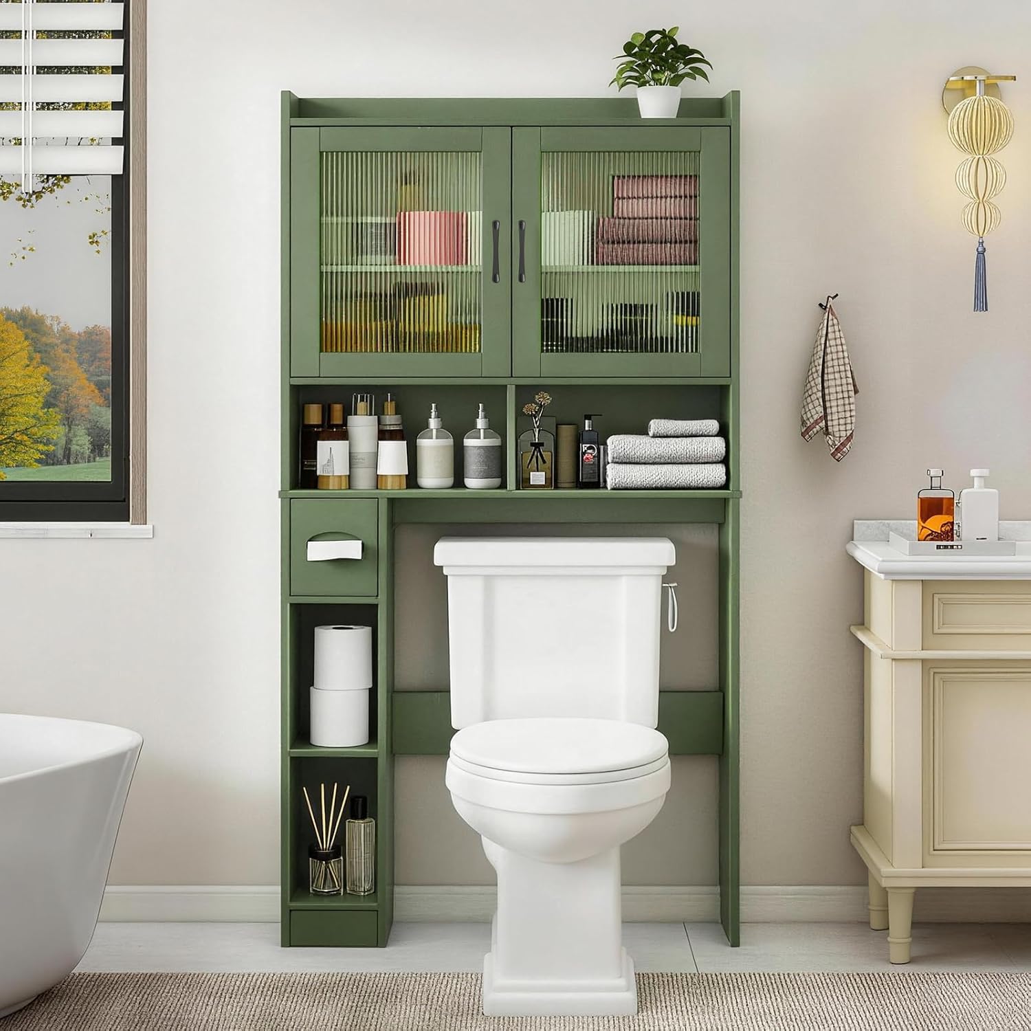 Vabches Over-The-Toilet Storage Cabinet with 2 Acrylic Waves Doors, Green