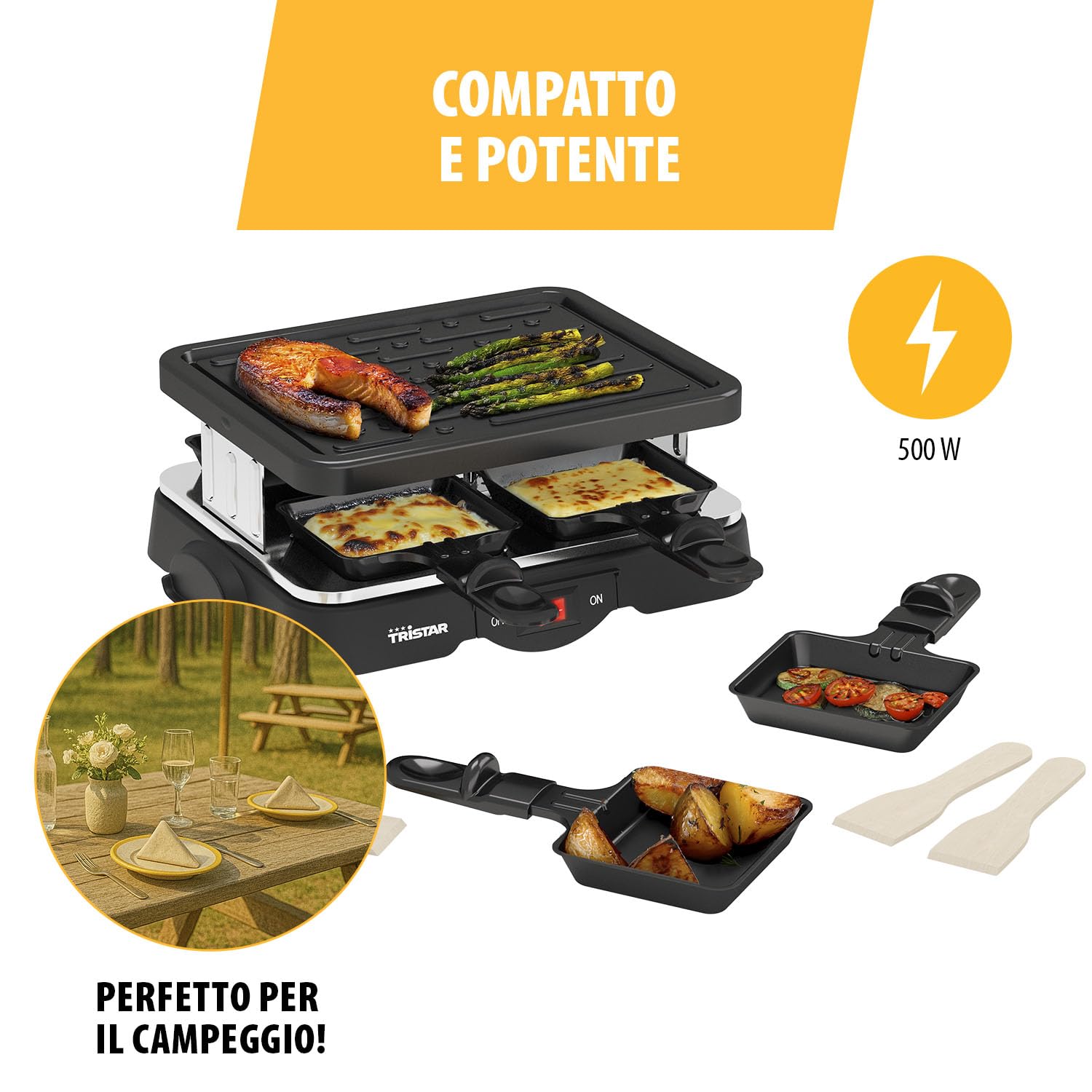 PRINCESS RACLETTE 4 TEGAMINI PIASTRA GRILL POTENZA 500 W