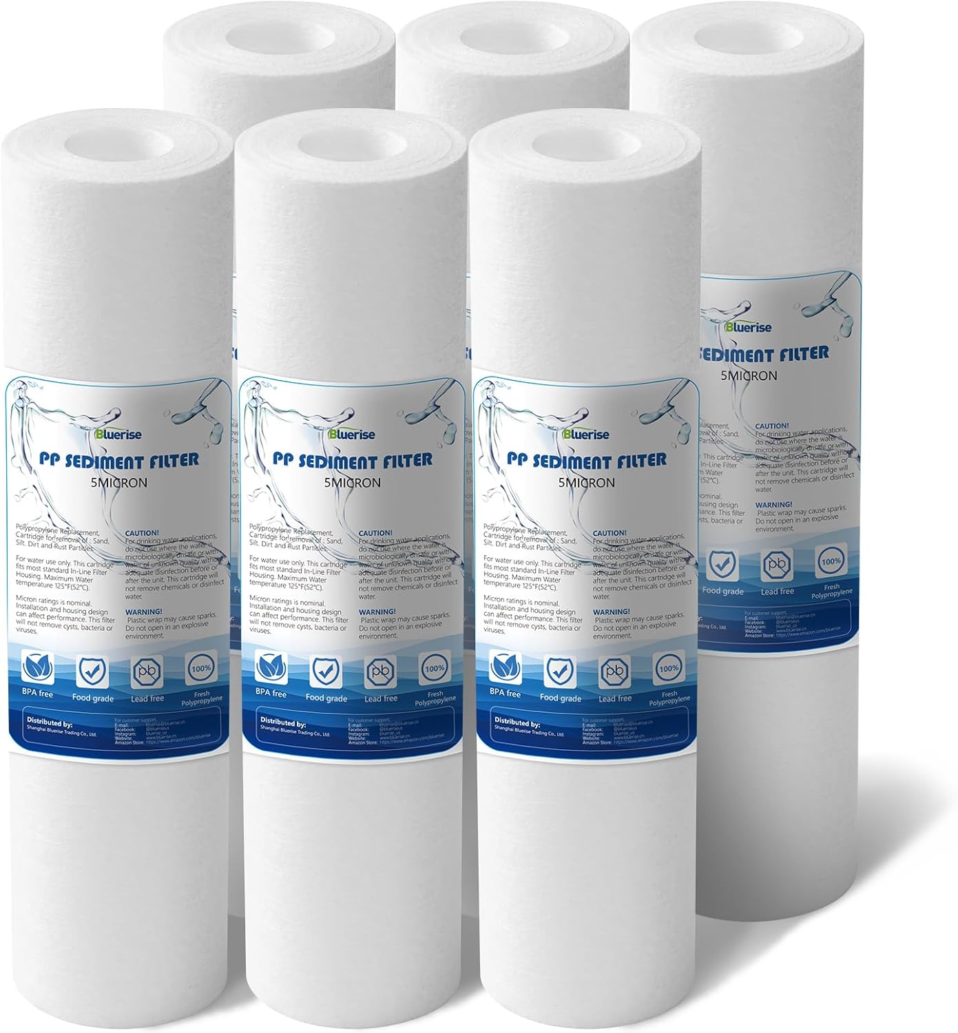BLUERISE 5 Micron 10" x 2.5" Water Filter Replacement Whole House Sediment Home Water Filter Replacement Cartridge Ro Sediment Filter Easy Installation Fits Any 10" Reverse Osmosis Unit - 6 Pack product image