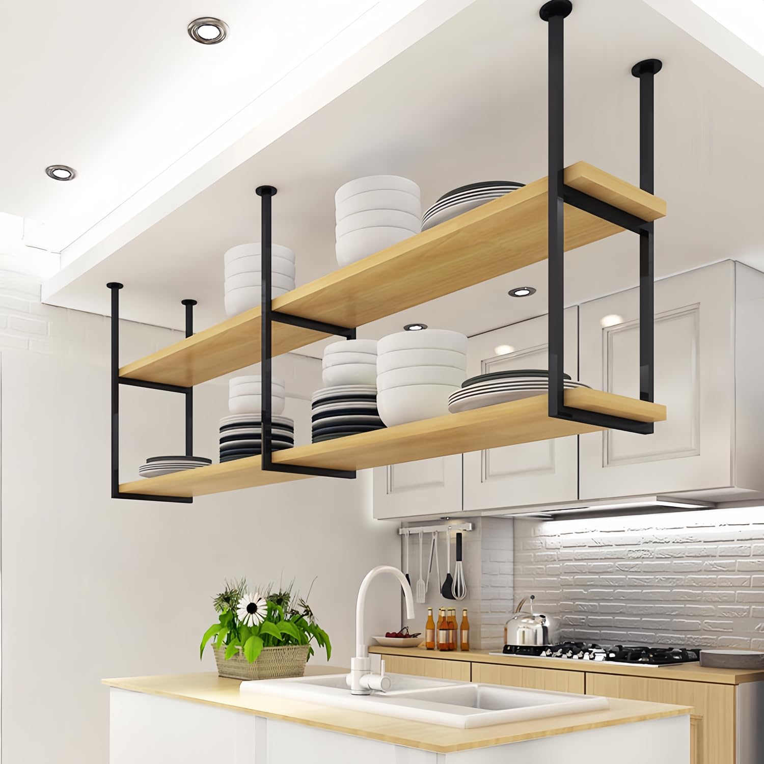 Étagère de plafond à 2 couches pour bouteilles et verres à vin en cuisine et restaurant