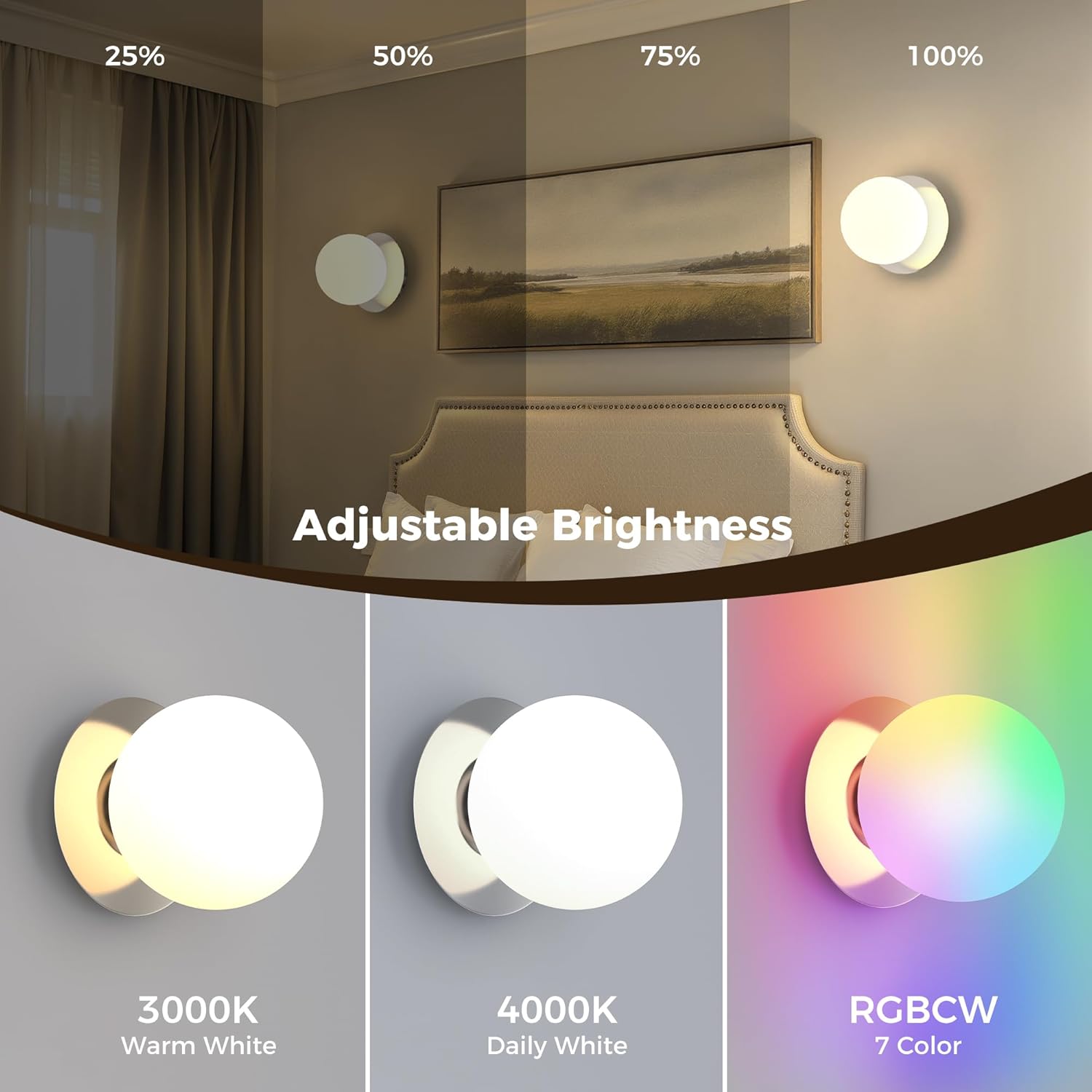 L LOHAS LED Battery Operated Wall Sconce Set of 2, 2-in-1 Rechargeable 10000mAh Wireless Globe Wall Lights with Remote, 16 RGB Colors Dimmable Modern Satin Nickel Sconces for Bedroom Living Room Decor