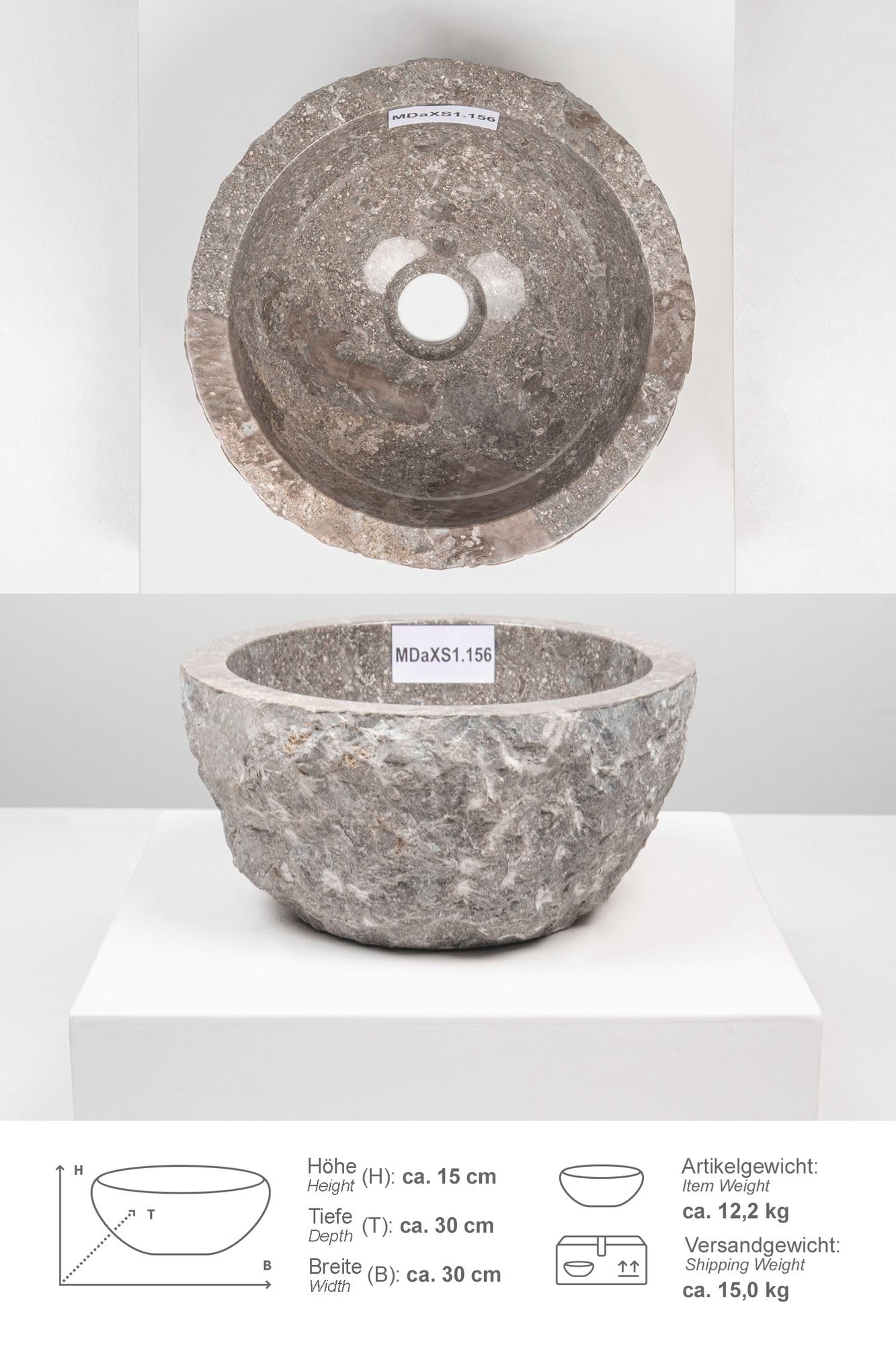Lavabo in marmo, 30 cm, rotondo, colore grigio, con scelta unica