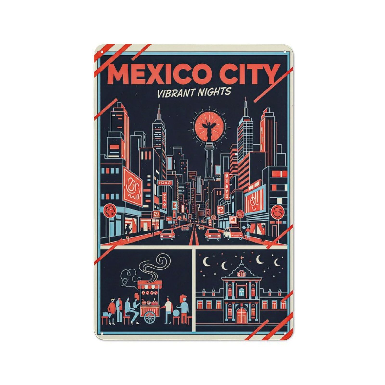 Junmoney Style-9 Decorative Tin Plaque With Mexico City Vibrant Nights Design 30X20cm, Nostalgic Home Bar Decor For Bar, Kitchen, Garage Or Games Room