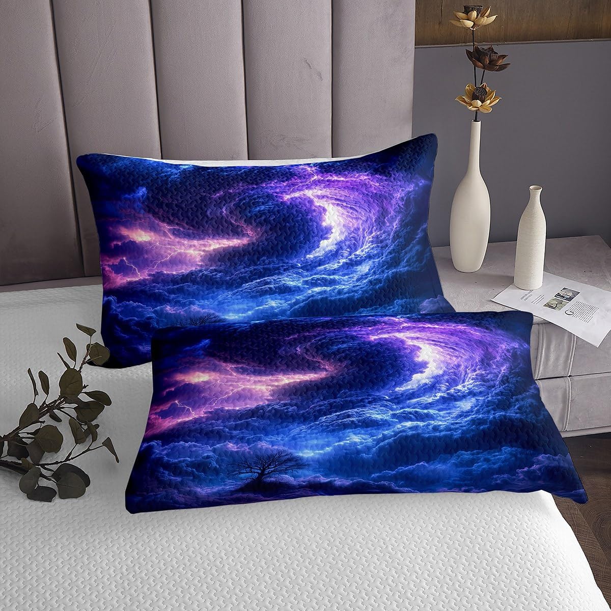 Erosebridal Tornados Bedspread Set Queen,Purple Blue Lightning Coverlet Sets for Kids Boys Adults,Natural Disaster Room Decor for Storm Chaser with 2 Pillow Cases