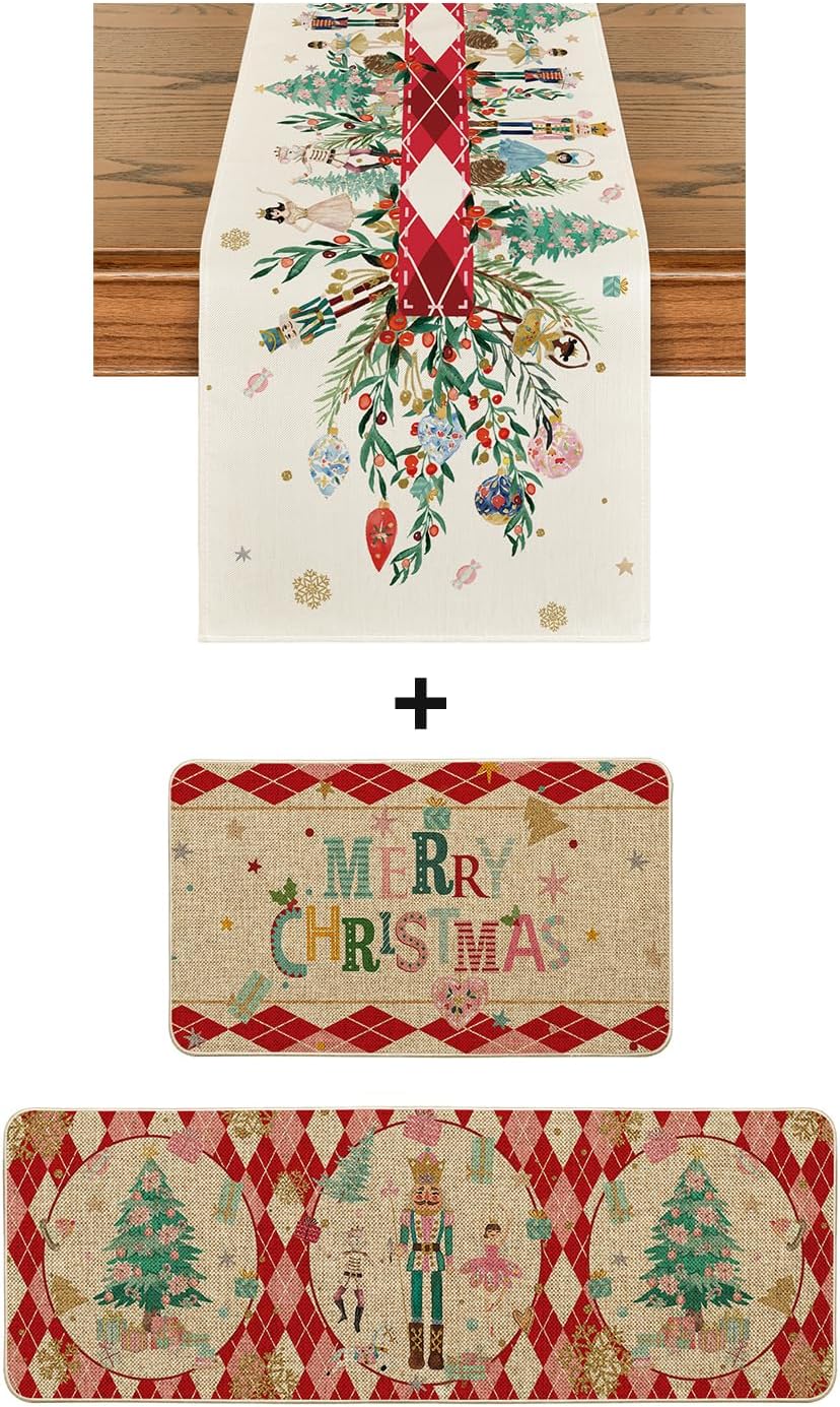 Artoid Mode Red Diamond Plaid Nutcracker Merry Christmas Kitchen Mats 2 pcs and Nutcracker Floral Holly Table Runner 13x72 Inch