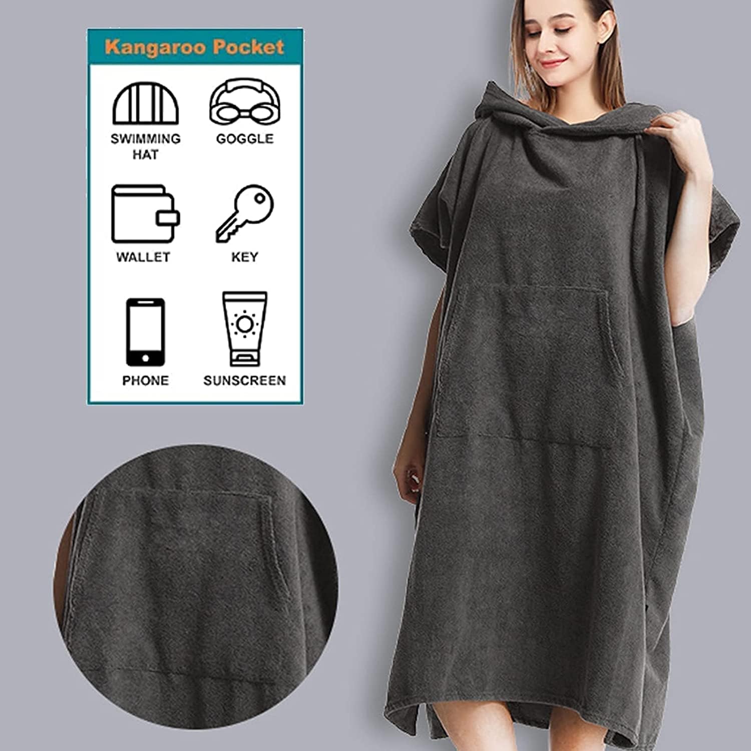 Beach Towels Sports Towel Surf Poncho Changing Robe with Hood Thick Quick Dry Microfiber Wetsuit Changing Towel with Pocket for Surfing Beach Swim 811(Color:Grey)