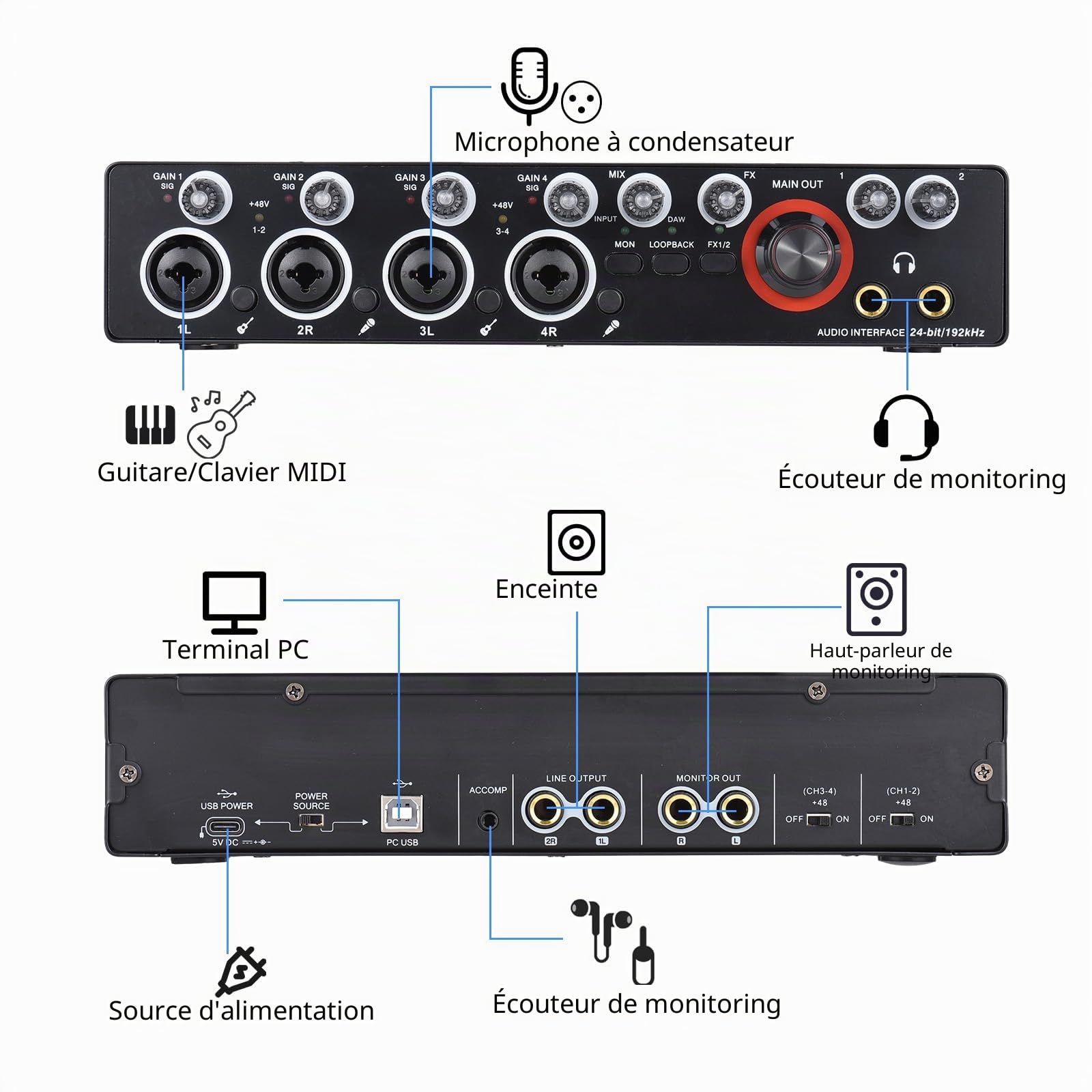 équipement de DJ Carte son d'enregistrement 4 canaux avec interface audio sans pilote, carte son USB 4 entrées 4 sorties, alimentation fantôme 24 bits/192 kHz 48 V pour l'enregistrement