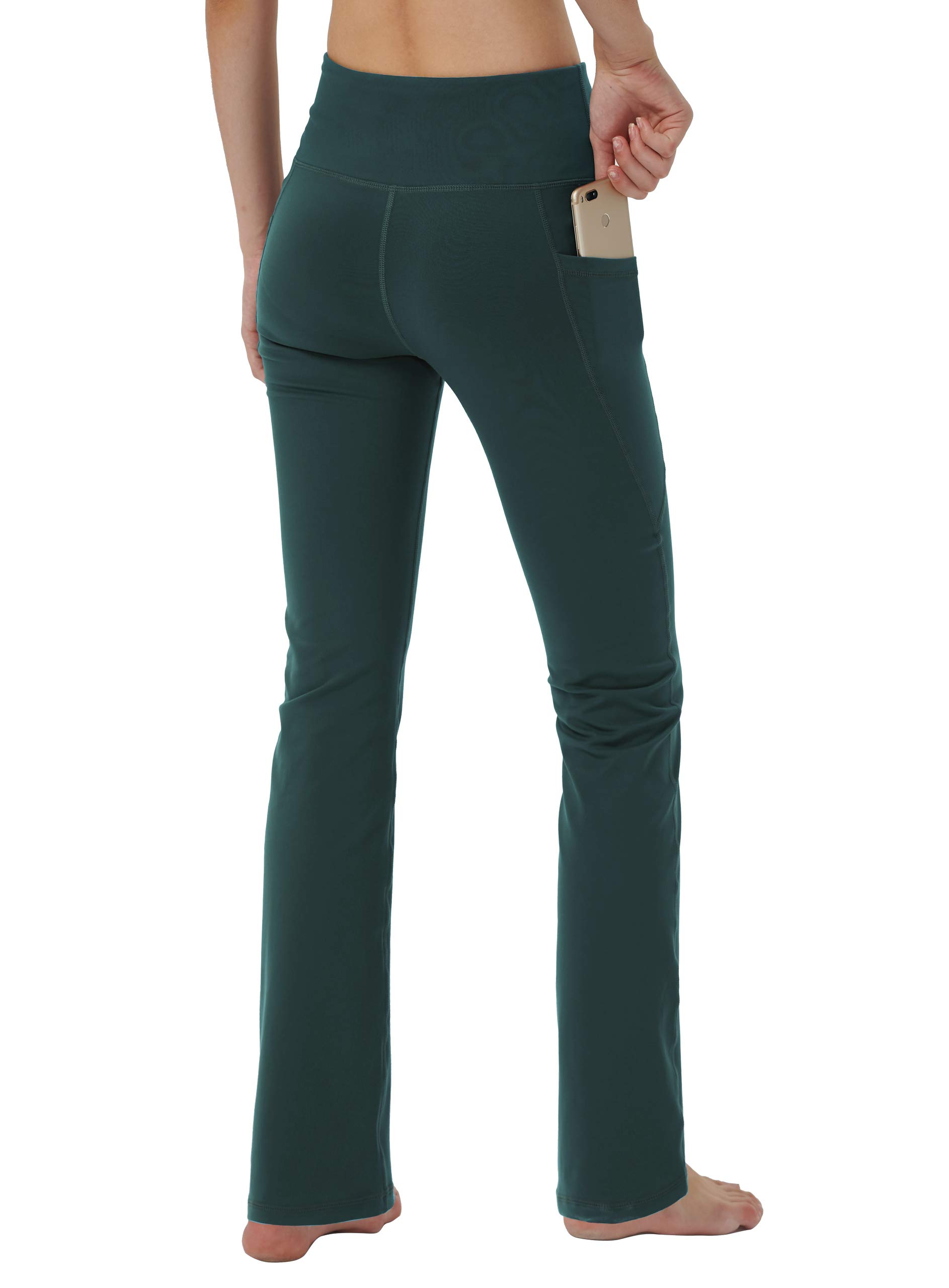 Damskie spodnie do jogi bootleg z ukrytymi kieszeniami kontrola brzucha legginsy do biegania długie bootcut, ZIELONY, L