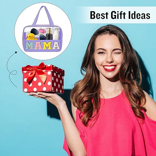 Miniatura 7 de Preppy - Bolsas de maquillaje transparentes con parches de letras de chenilla, bolsa transparente con cremallera con asas, bolsa de aseo de viaje