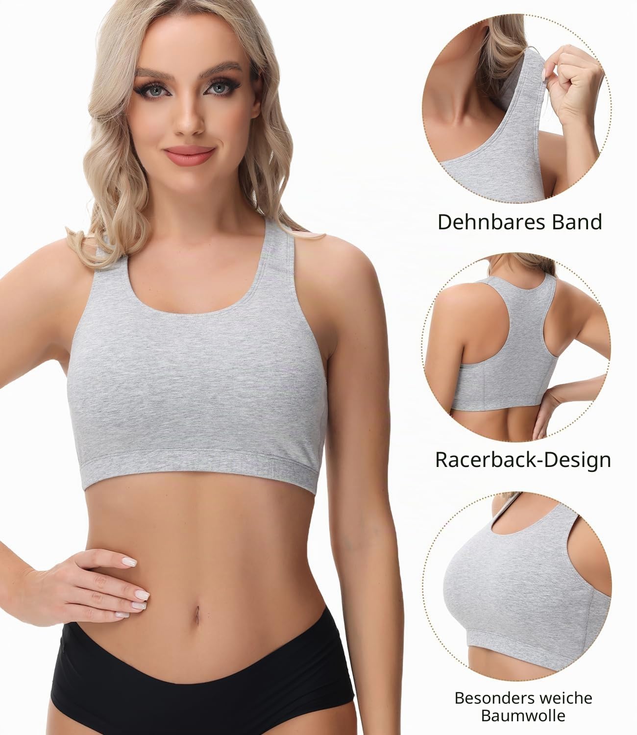 wirarpa Bustier Damen Baumwolle Ohne Bügel T-Rücken Bra Ohne Gepolstert Top Leichte Stützung 3er Pack