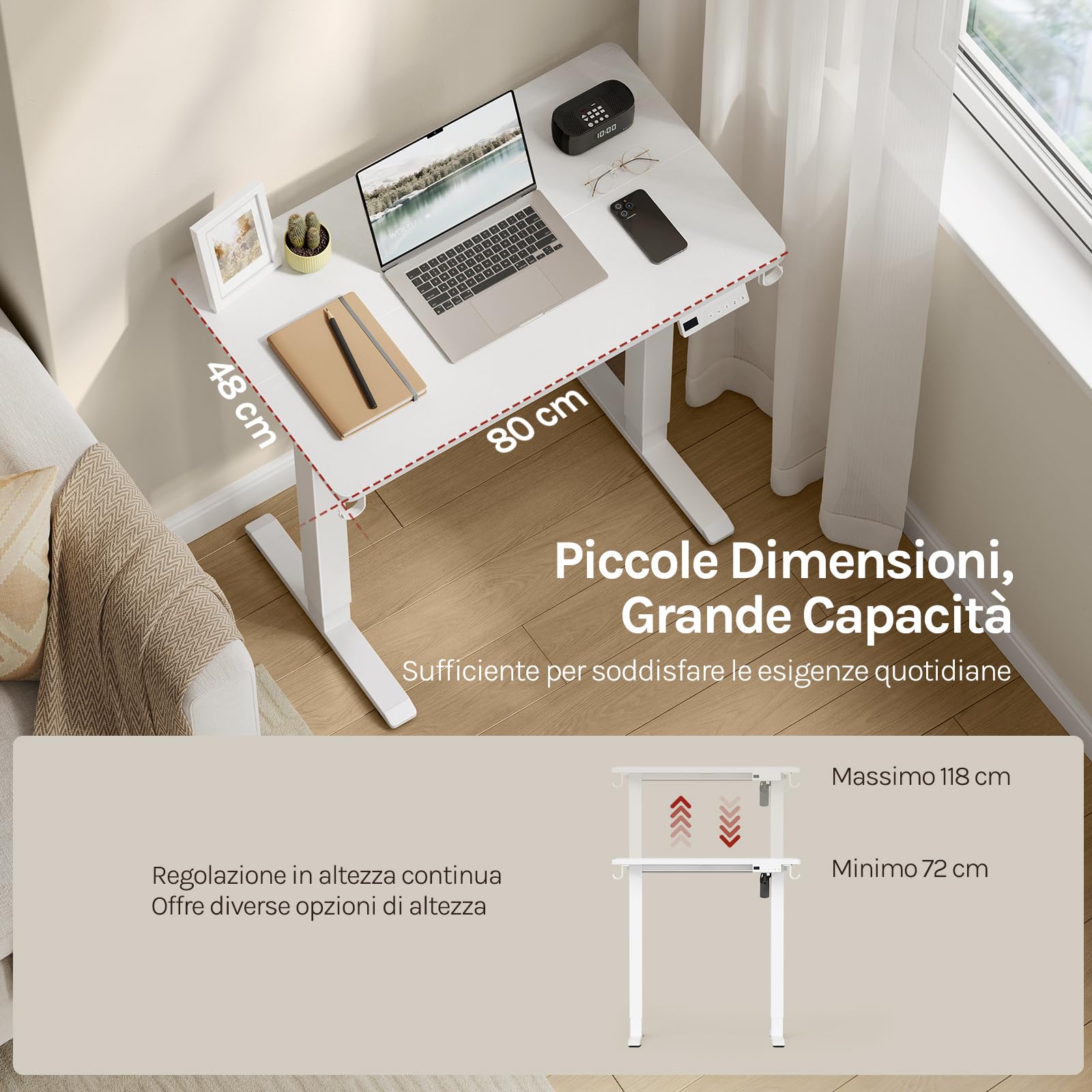 WOLTU Scrivania Elettrica Regolabile in Altezza 72-118 cm, con 3 Memorie e 2 Ganci – Bianco, Silenziosa, Capacità di Carico 80 kg – per Ufficio, Casa, Gaming e Studio, 80x48 cm