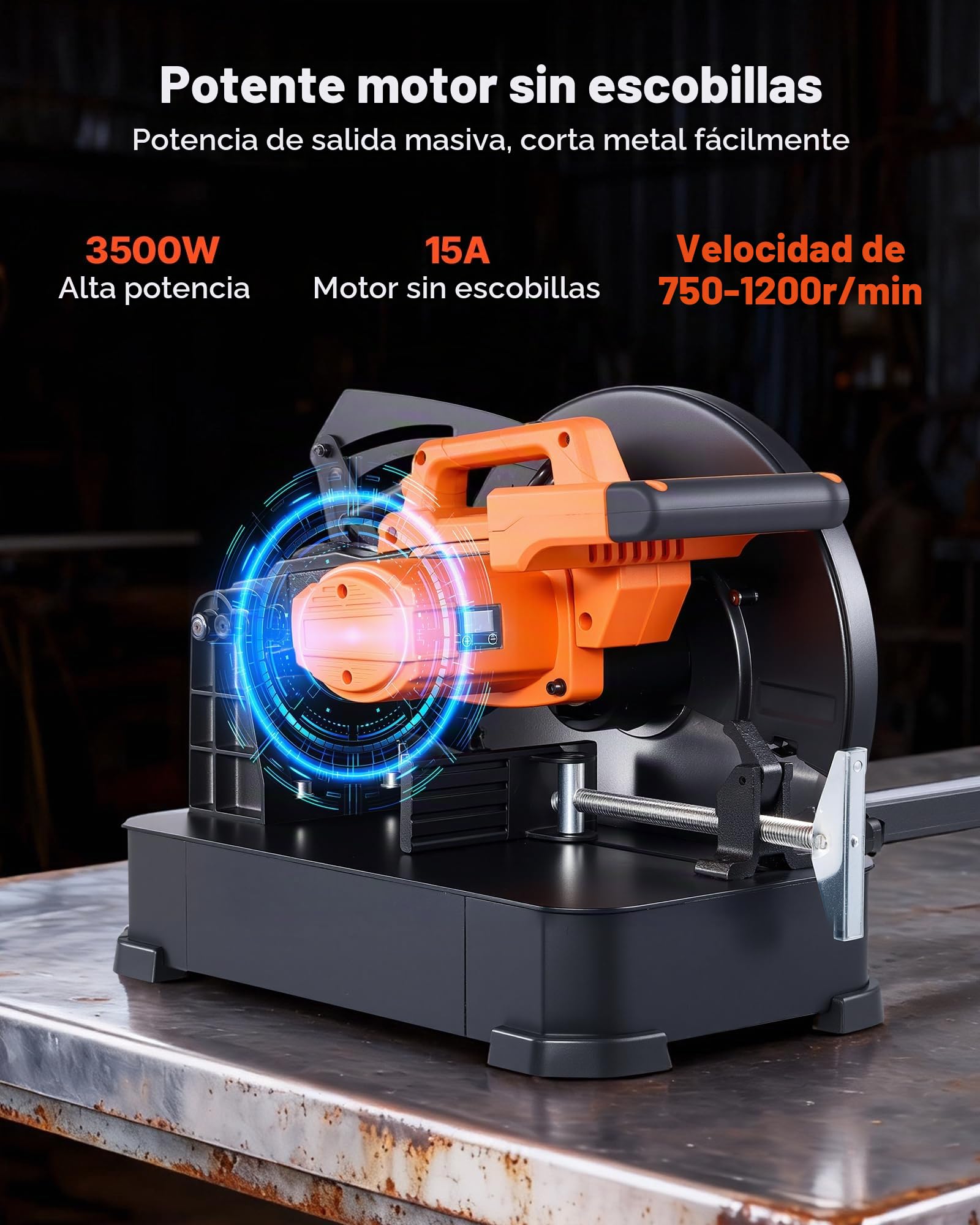 VEVOR Sierra Ingletadora, con Hoja de Sierra de Corte en Frío de Acero Inoxidable de 355 mm, Motor sin Escobillas de 3500 W y 750-1200 RPM, para Tubos Cuadrados y Planos, Aceros en Forma de L